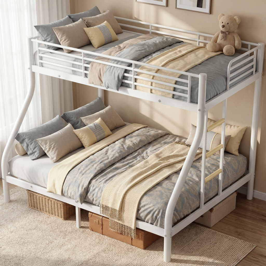 Kdymod Twin XL over Queen Metal Bunk Bed with Stairs & Storage, Heavy Duty Bed Frame for Adults & Teens, Includes 2 6" Memory Foam Mattresses, No Box Spring Needed, White