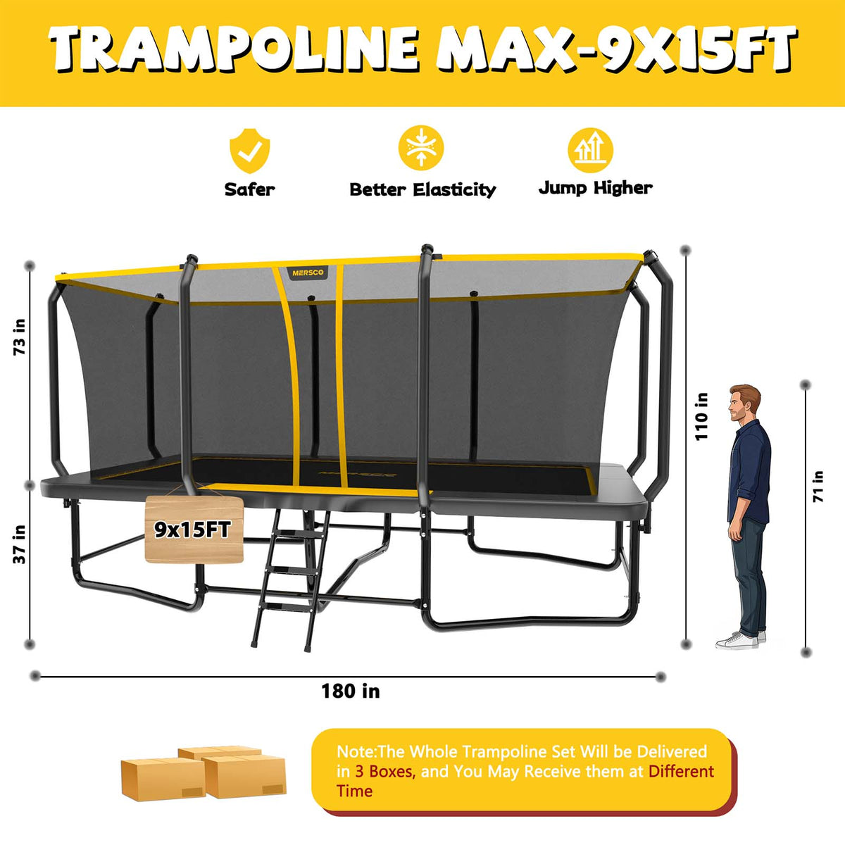 Mersco 9x15FT Kids Adults Trampoline, Heavy Duty Outdoor Trampoline with Safety Enclosure Net and Upgraded Ladder for Backyard Family Fun, Fitness Trampoline MAX