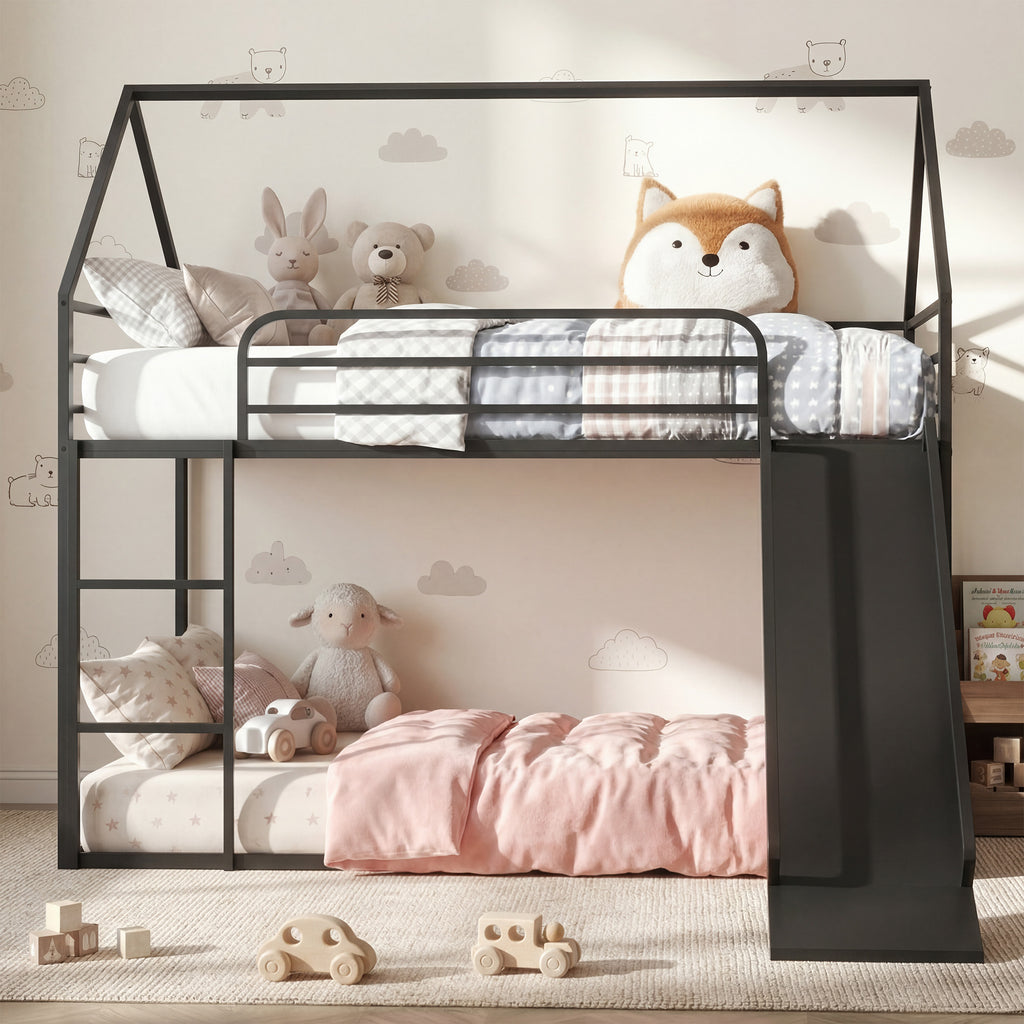 Uiowio Twin over Twin Bunk Bed with Stairs, Floor Bunk Bed Frame with Convertible Slide, Heavy Duty Metal Low Bed with House Shape and Roof, Black