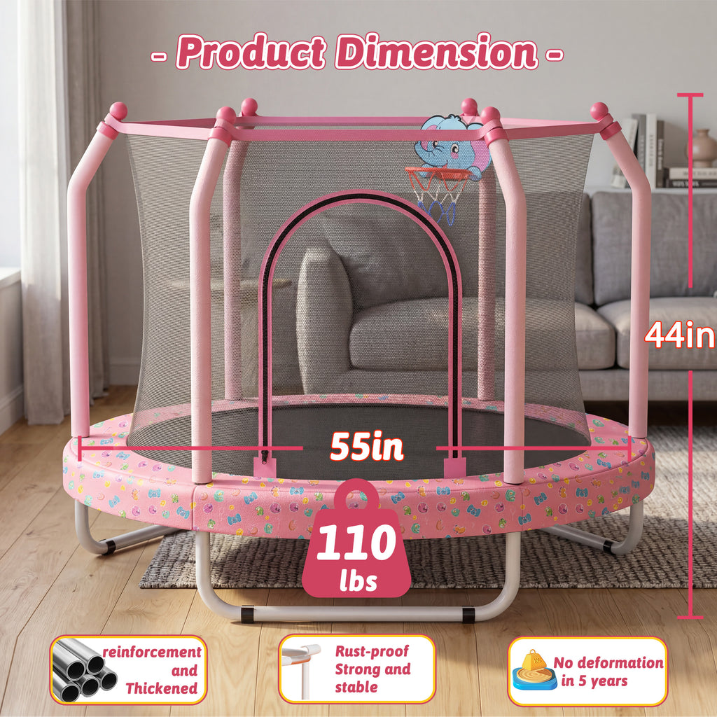 Mersco 55inch Toddler Trampoline, Mini Trampoline for Kids with Enclosure and Basketball Hoop,Indoor Outdoor Kids Trampoline Birthday Gifts, Pink