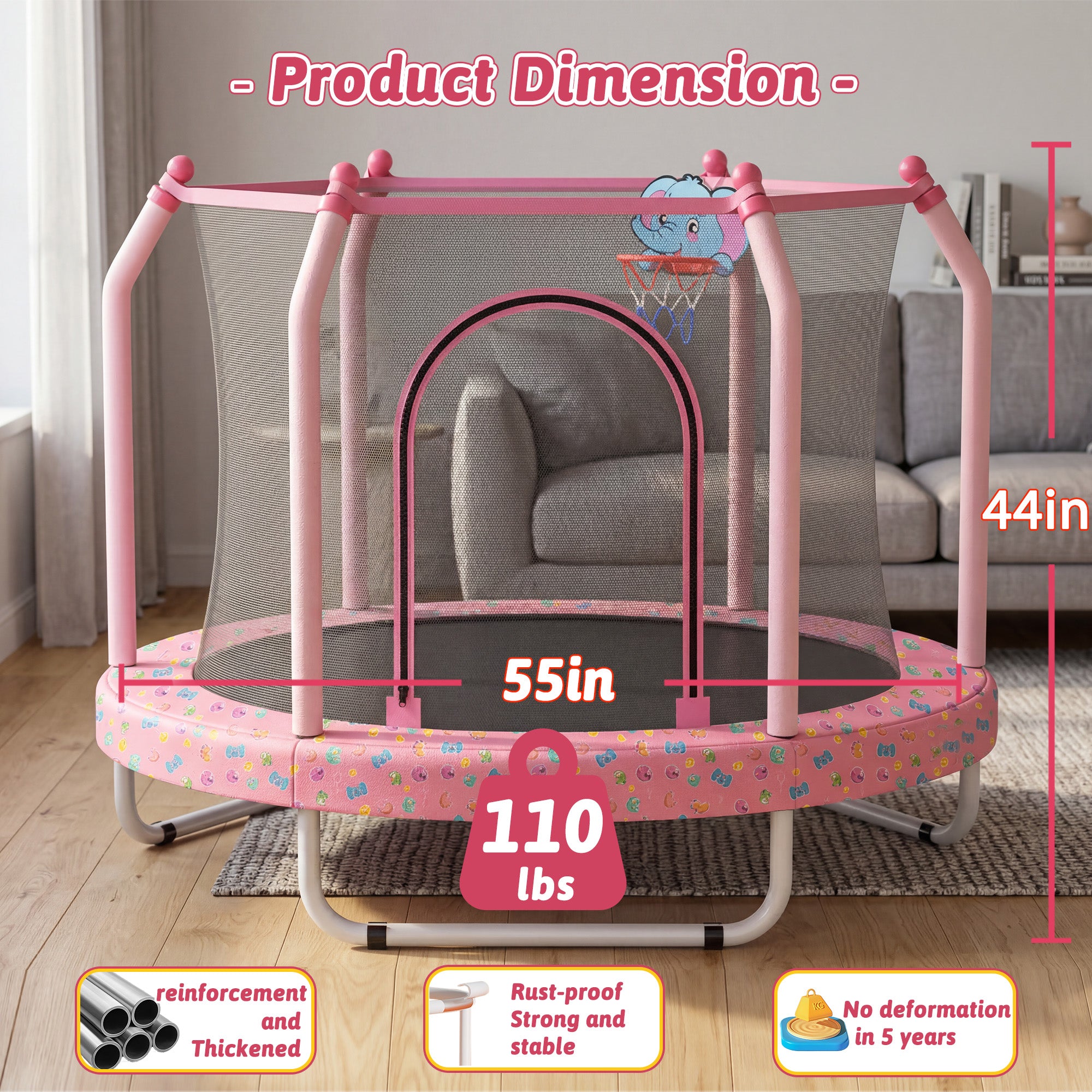 Mersco 55inch Toddler Trampoline, Mini Trampoline for Kids with Enclosure and Basketball Hoop,Indoor Outdoor Kids Trampoline Birthday Gifts, Pink