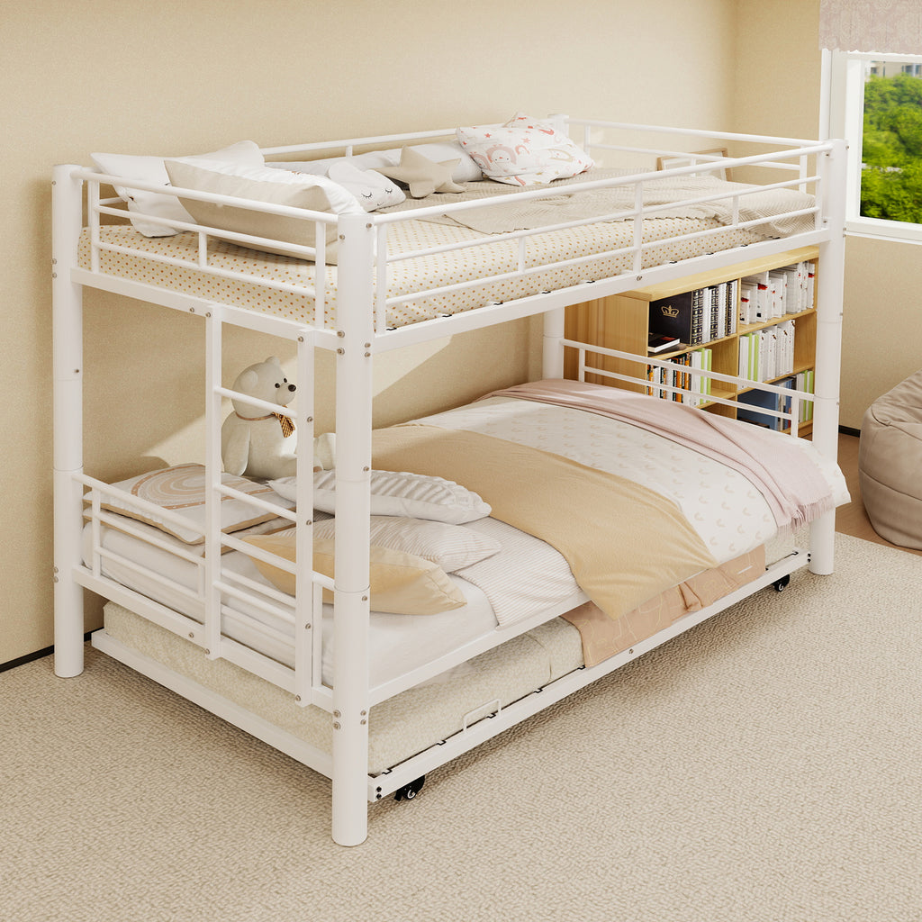 Kdymod Triple Bunk Bed Twin over Twin with Trundle,Triple Twin Bunk Bed with Ladder & Guardrail,Metal Convertible Triple Bunk Bed Frame for Teen & Adult,Bedroom,Dorm,White (Mattress not included)