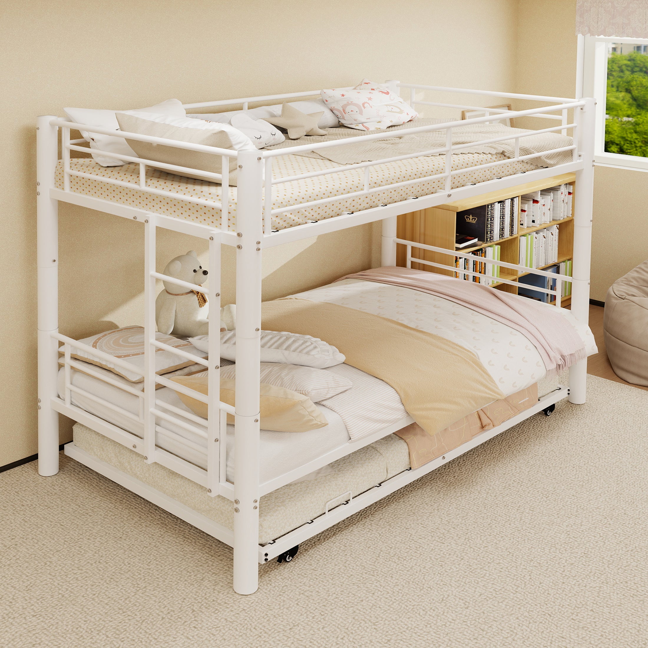 Kdymod Triple Bunk Bed Twin over Twin with Trundle,Triple Twin Bunk Bed with Ladder & Guardrail,Metal Convertible Triple Bunk Bed Frame for Teen & Adult,Bedroom,Dorm,White (Mattress not included)