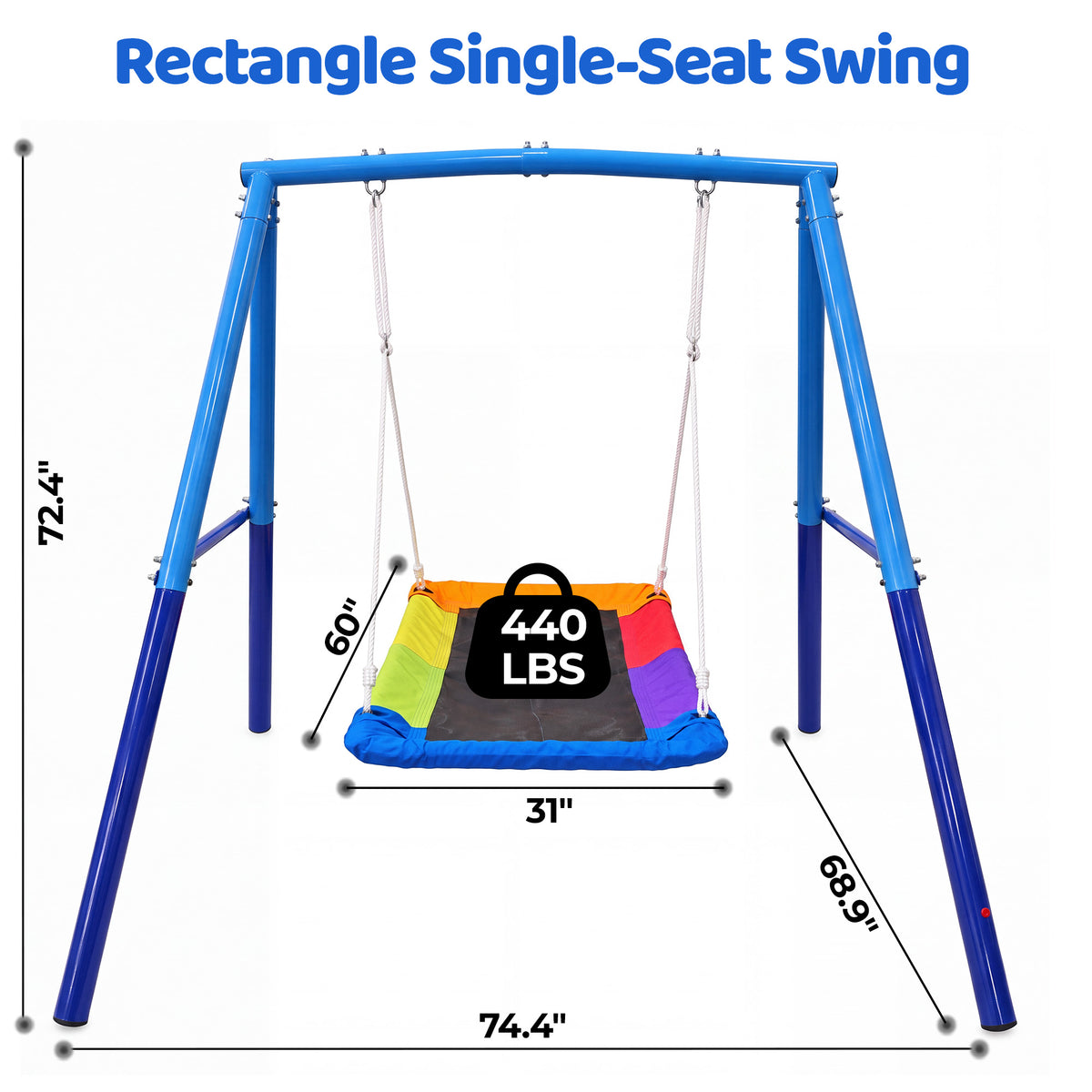 MERSCO 60" Extra Large Rectangle Swing Set with Stand, Heavy Duty Double A-Frame Metal Swing for Kids Ages 3-10, 440 lbs Capacity, 900D Oxford Rectangle Swing Seat, Outdoor Backyard Playset