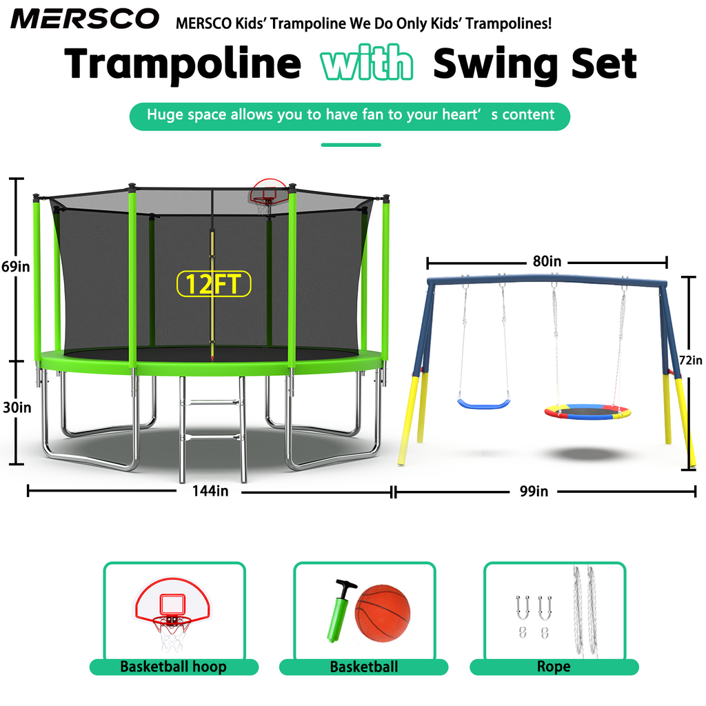 Mersco 12FT Heavy Duty Trampoline with Enclosure Net , Swing Set Outdoor Big Trampoline for Backyard,Kids Trampoline with Basketball Hoop,Birthday and Holiday Gifts for Kids,Green