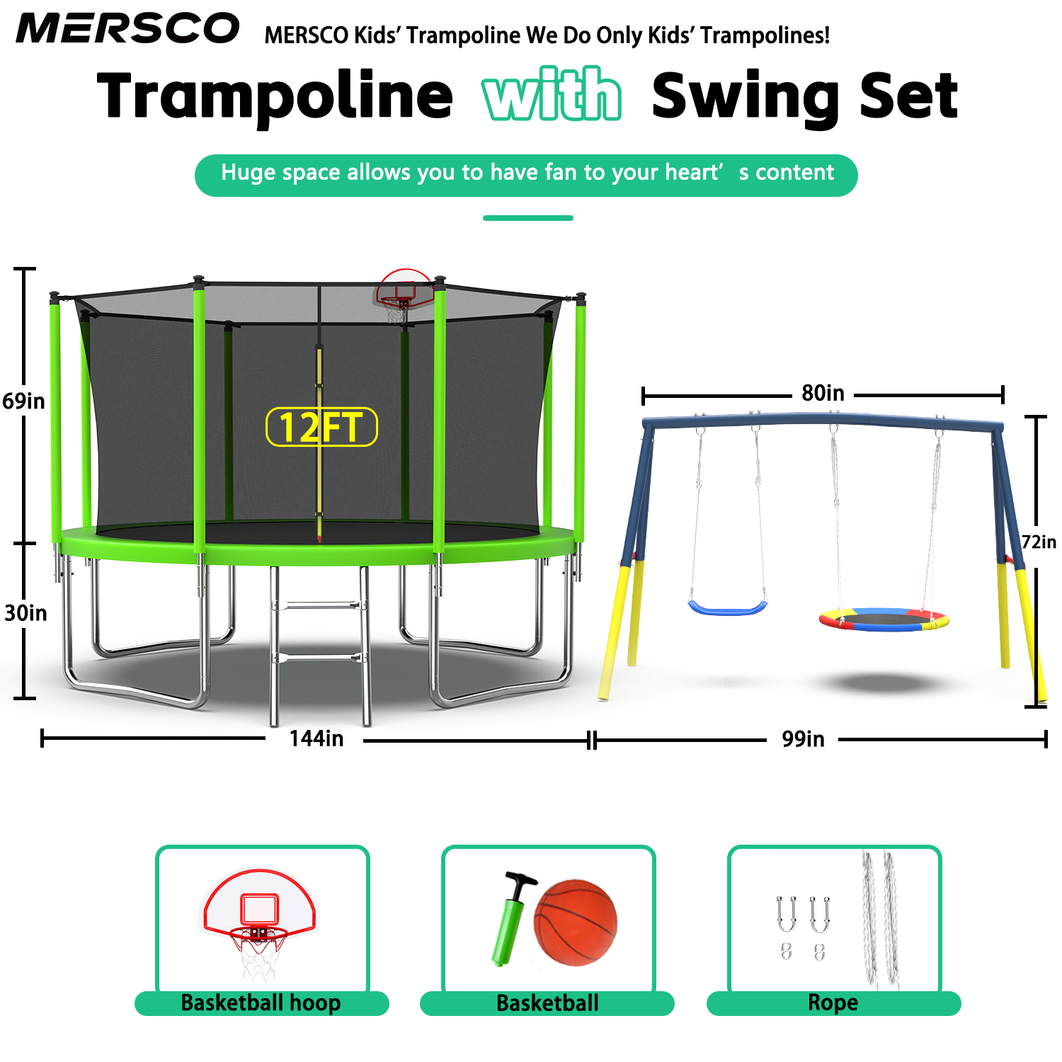 Mersco 12FT Heavy Duty Trampoline with Enclosure Net , Swing Set Outdoor Big Trampoline for Backyard,Kids Trampoline with Basketball Hoop,Birthday and Holiday Gifts for Kids,Green