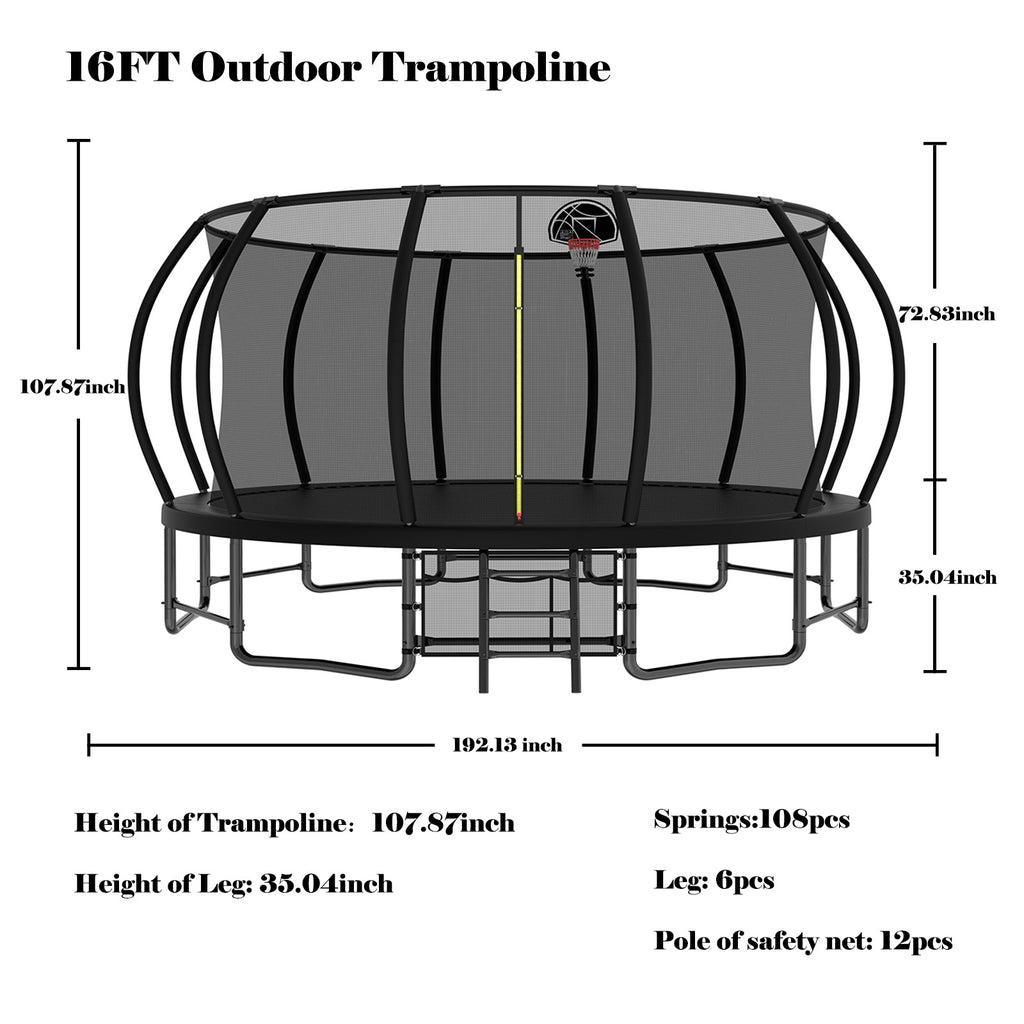 Mersco 16ft Trampoline for Kids Adults, Outdoor Pumpkin Trampoline with Enclosure Net, Basketball Hoop and Storage Bag,Black