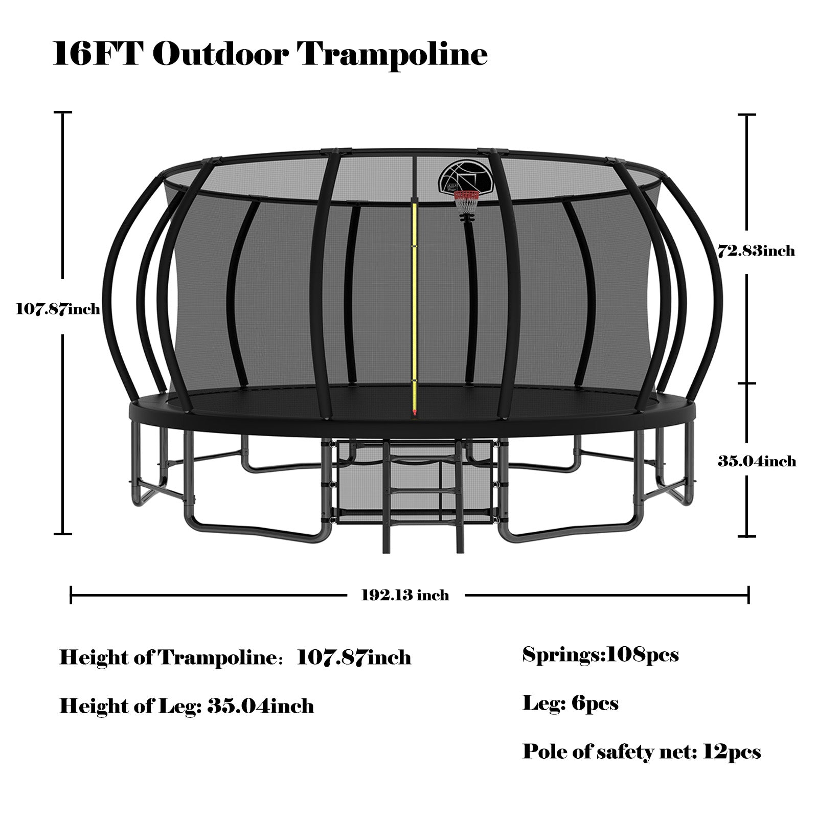 Mersco 16ft Trampoline for Kids Adults, Outdoor Pumpkin Trampoline with Enclosure Net, Basketball Hoop and Storage Bag,Black