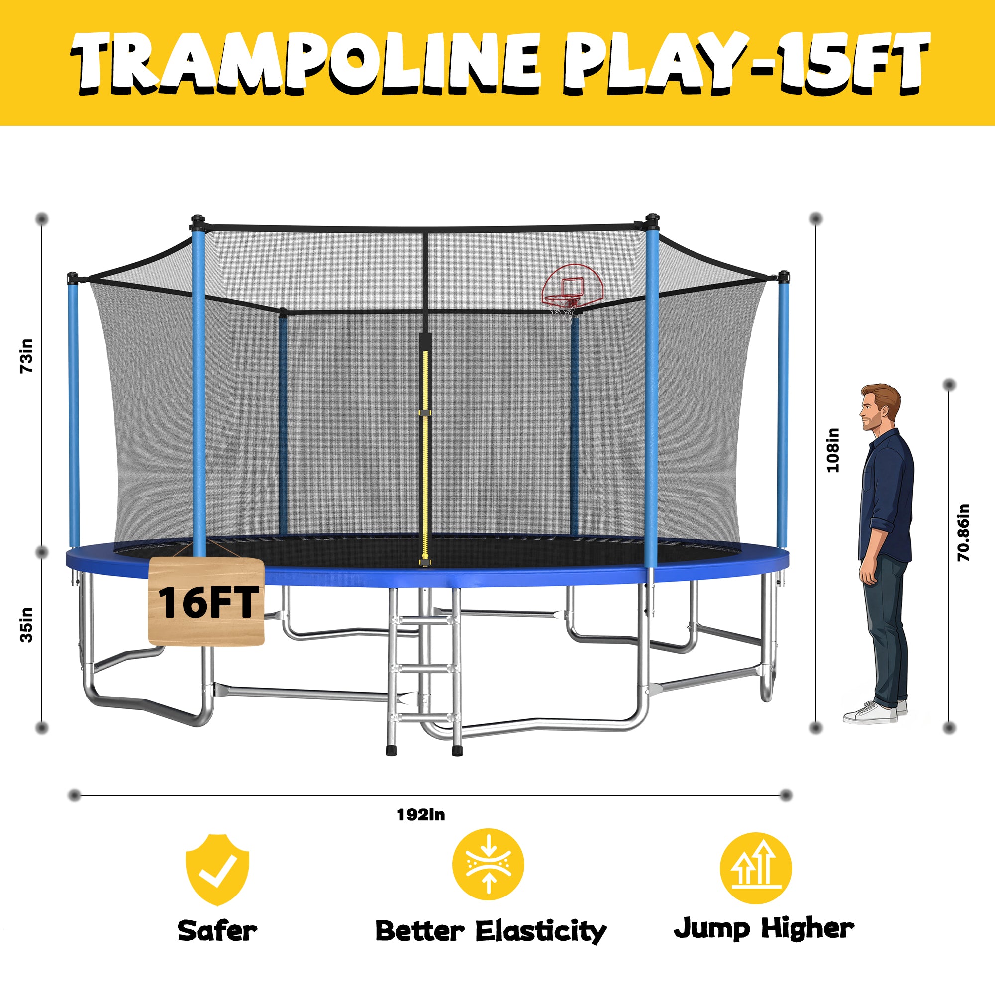 Mersco 16ft Trampoline for Kids and Adults,Outdoor Trampoline with Enclosure,Basketball Hoop and Ladder,Upright-Poled Backyard Trampoline,Jumping Trampoline PLAY for Boys and Girls Birthday Gift,Blue