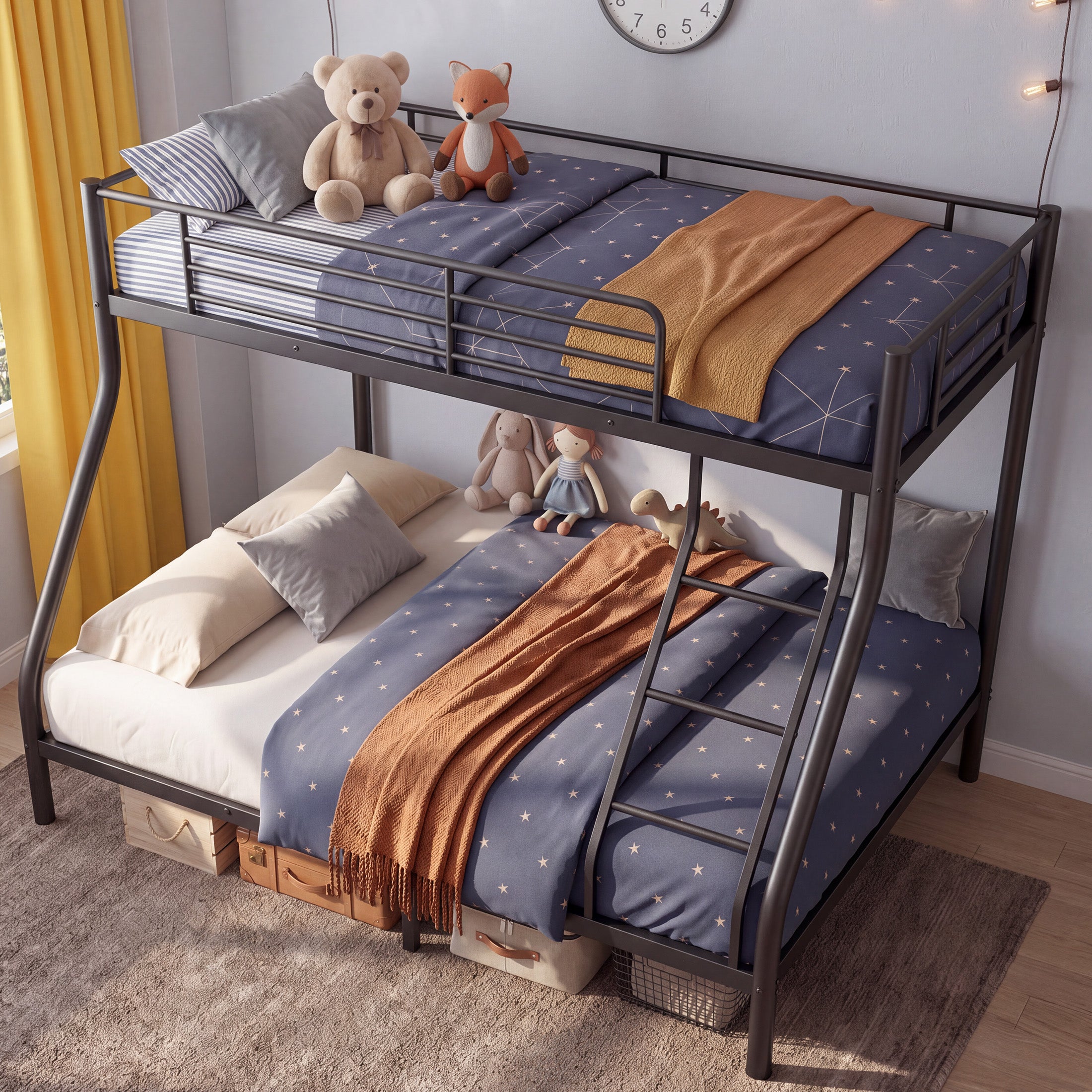 Kdymod Twin over Full Metal Bunk Bed with Stairs & Storage, Heavy Duty Bed Frame for Adults & Teens, Includes 2 6" Memory Foam Mattresses, No Box Spring Needed, Black
