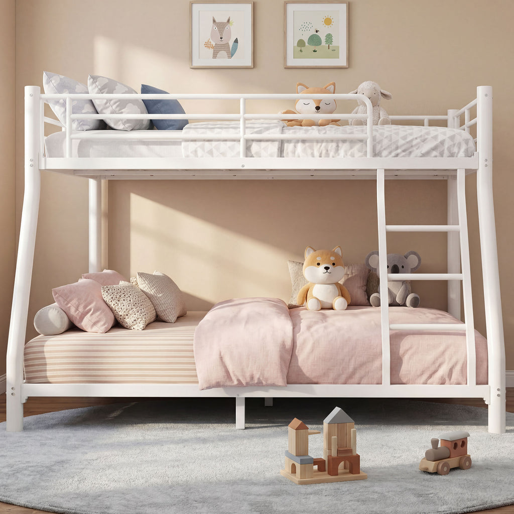 Kdymod Twin over Full Metal Low Bunk Bed with Stairs & Safety Guardrail, Includes 2 6" Memory Foam Mattresses, Space-Saving Heavy Duty Bed Frame for Adults & Teens, White