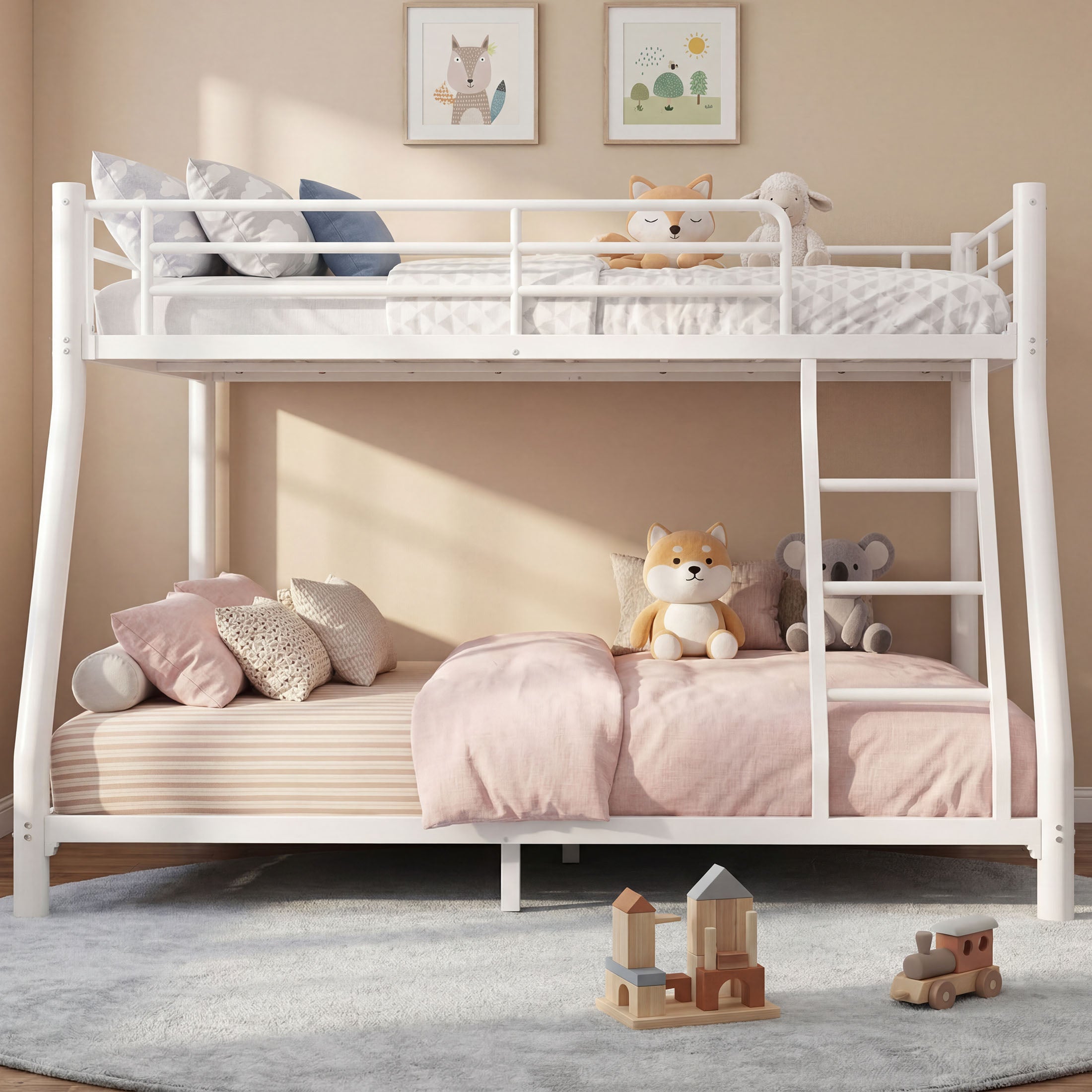 Kdymod Twin over Full Metal Low Bunk Bed with Stairs & Safety Guardrail, Includes 2 6" Memory Foam Mattresses, Space-Saving Heavy Duty Bed Frame for Adults & Teens, White