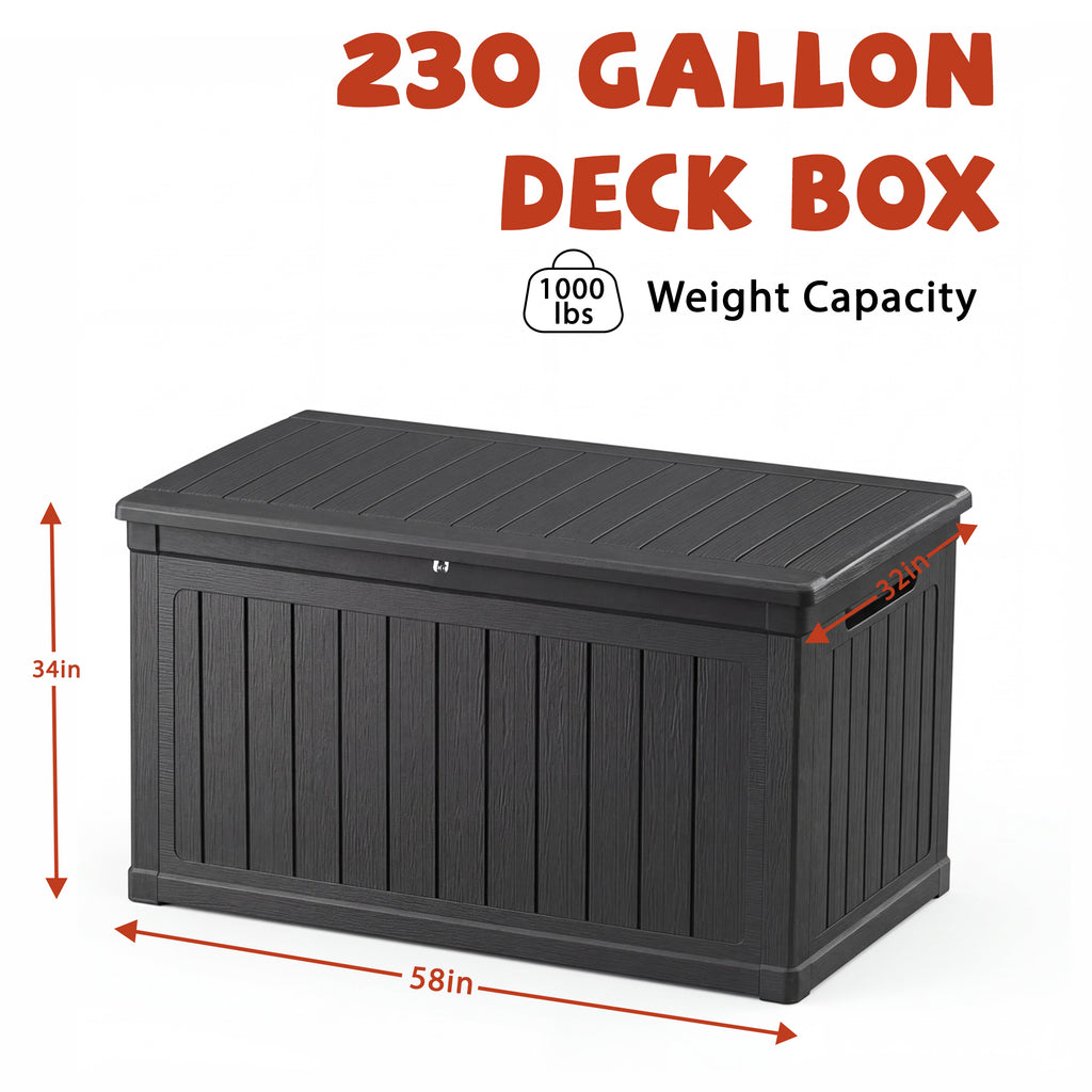 Mersco 230 Gallon Large Deck Box,Lockable Resin Outdoor Indoor Storage Box with Hundles,Waterproof UV Resistant Outside Deck Box for Patio Furniture Cushions, Pool Float,Garden Tool,Black