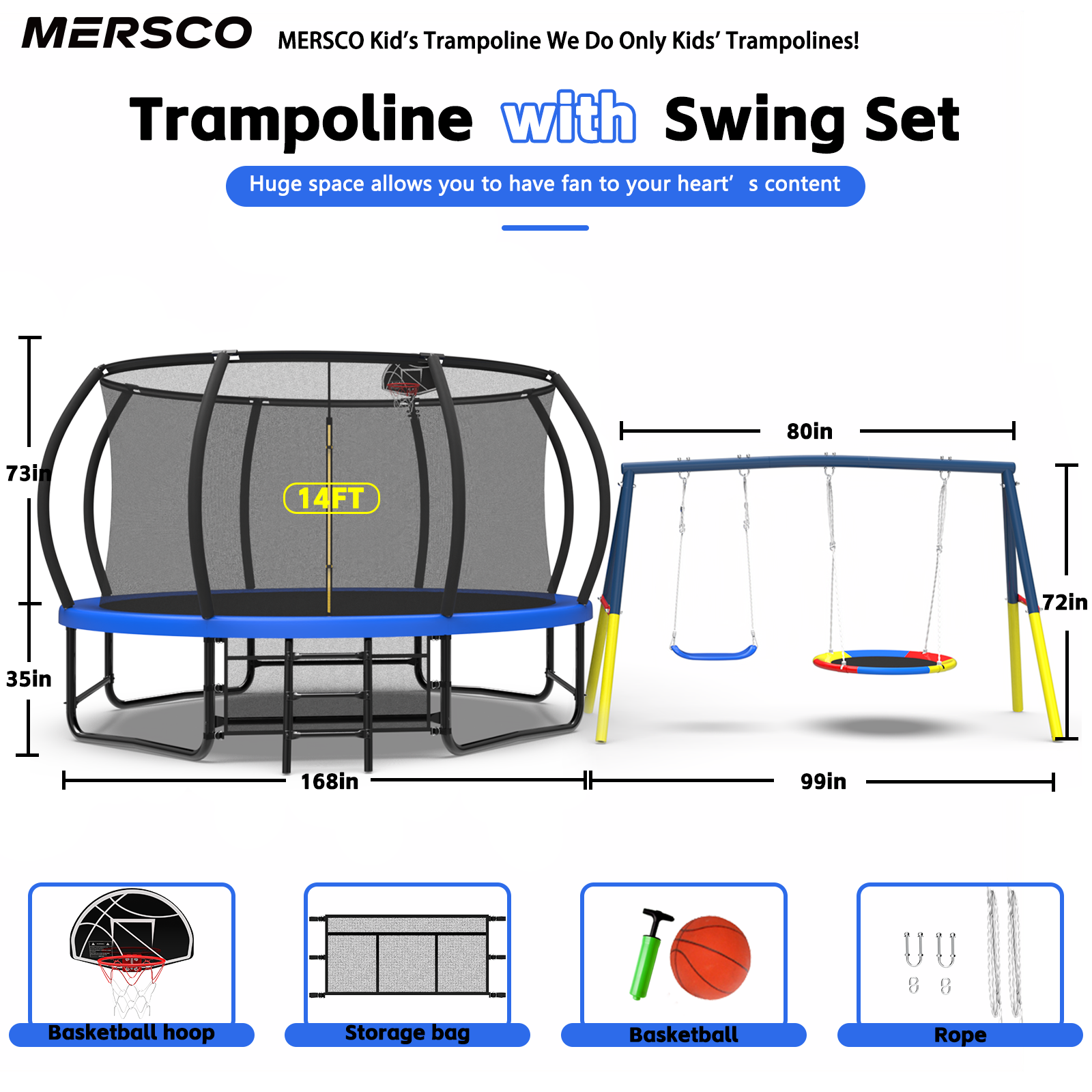 Mersco 14FT Heavy Duty Trampoline with Enclosure Net , Swing Set Outdoor Big Trampoline for Backyard, Kids Trampoline with Basketball Hoop, Kids Birthday and Festival Gifts, Blue