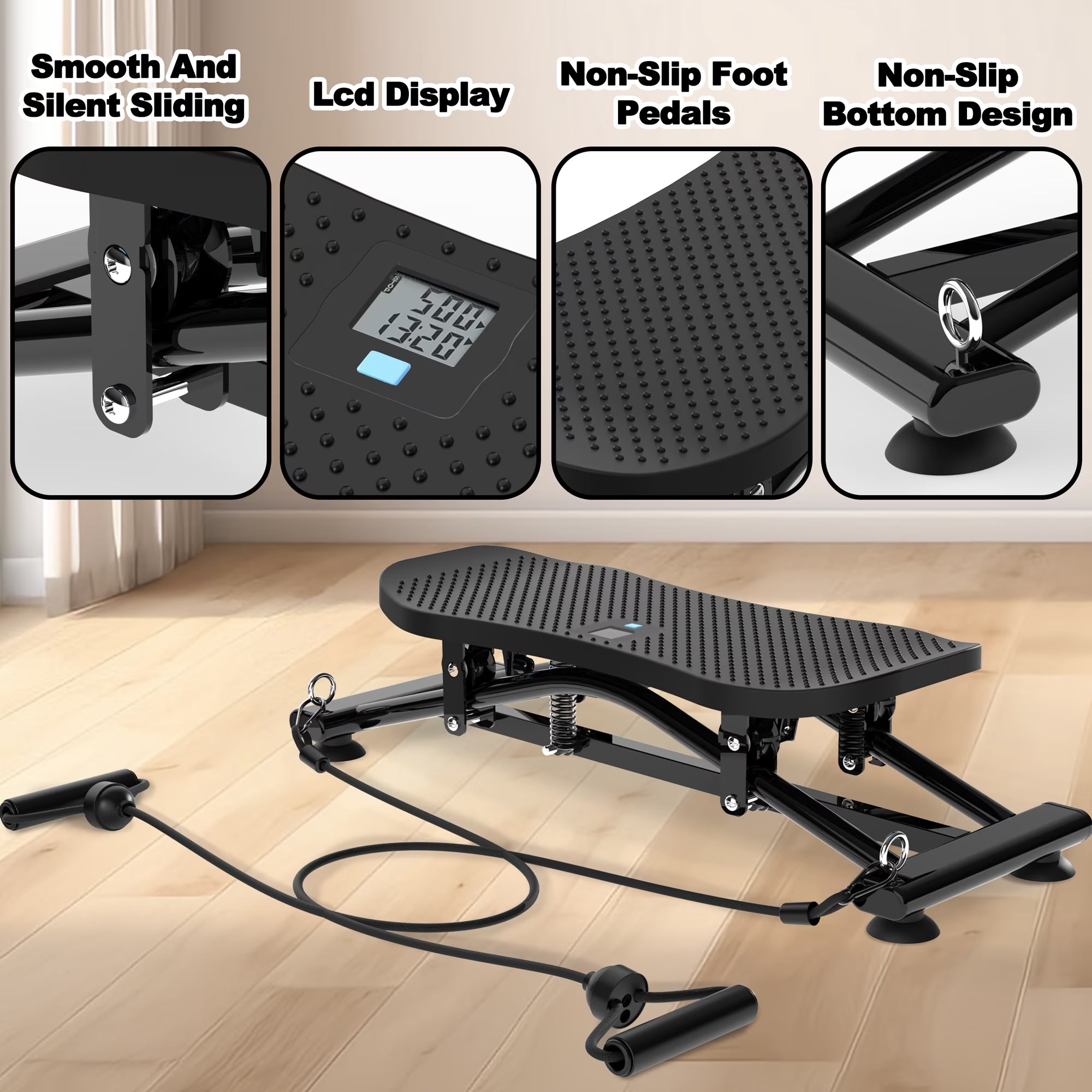 Kdymod Sliding Ski Simulator with Resistance Bands, Indoor Skiing Fitness Equipment for Home Gym, Non-Slip Base & Full-Body Cardio Training Machine for Core, Leg & Arm Workout, Black