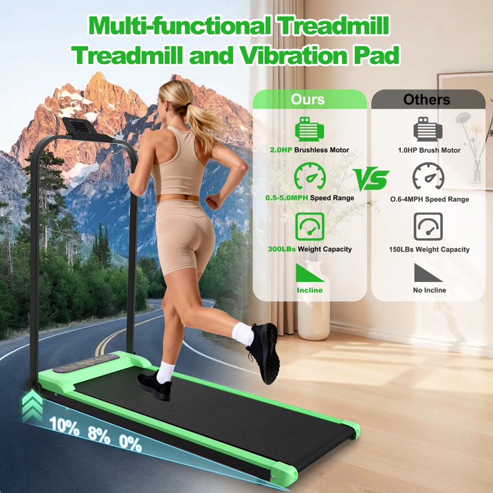 Kdymod Foldable Treadmill with Vibration Function,2 in 1 Walking Treadmill with Handle Bar & Incline,Under Desk Walking Pad with LED Display & Remote,300 Lbs Capacity,Green