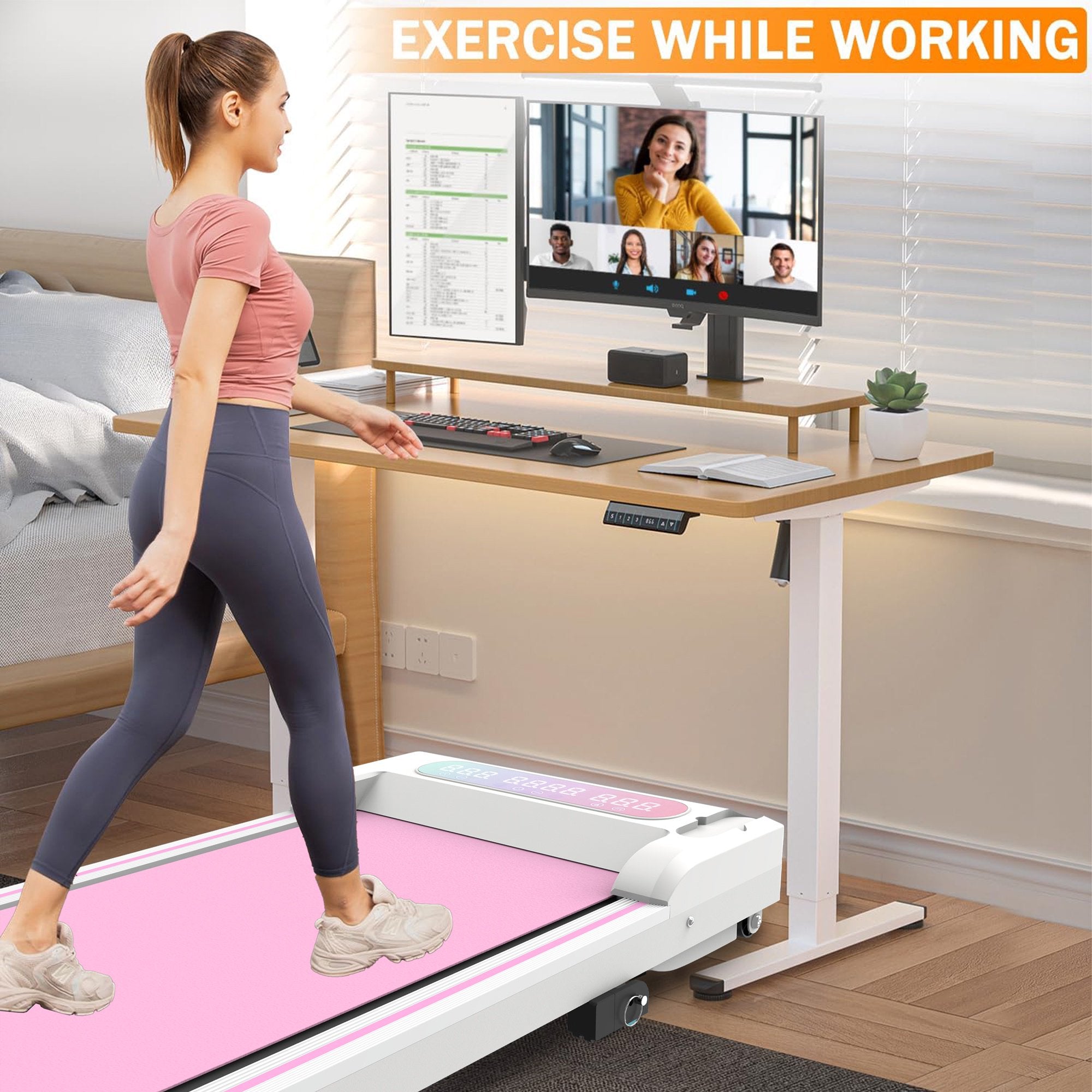 Kdymod 2 in 1 Foldable Treadmill with LED Display & Remote,Walking Treadmill Jogging Machine with Handle Bar & Incline,Under Desk Walking Pad for Home Office,Pink
