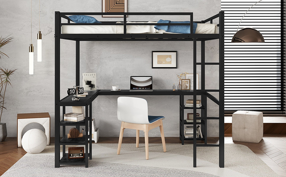 Uiowio Full Metal Loft Bed with L-Shaped Desk Underneath & 6 Shelves & Storage, Space-Saving Bed Frame with Built-in Ladder & Safety Guardrail, for Teens