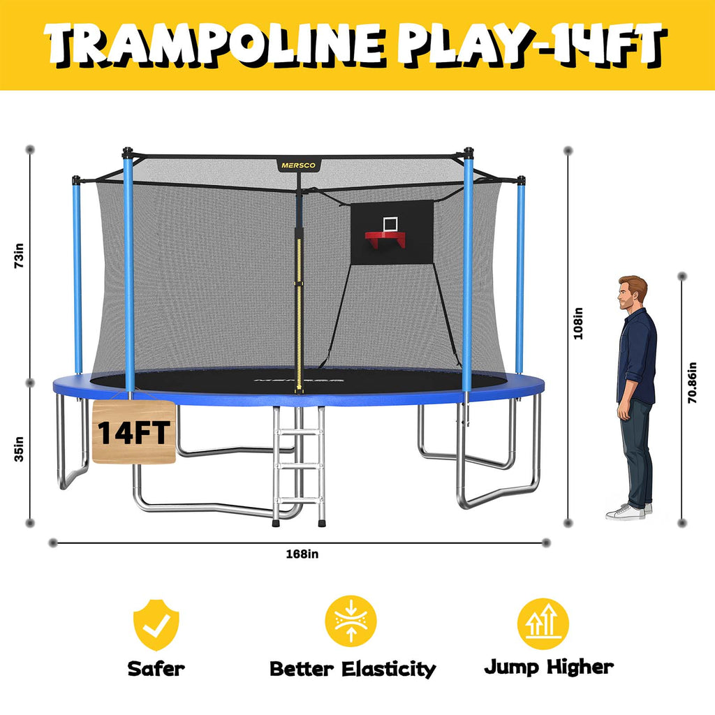 Mersco 14ft Trampoline Upgraded for Kids and Adults, Backyard Trampoline with Basketball Hoop and Enclosure Net,Jumping Trampoline PLAY for Boys and Girls Birthday Gift, Blue