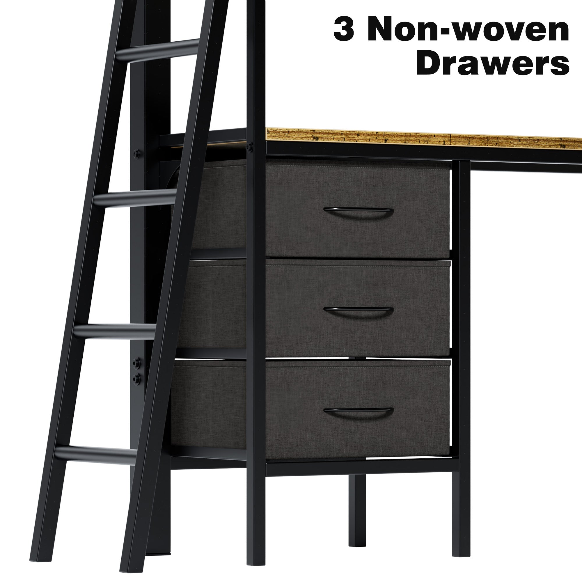 Uiowio Full Metal Loft Bed Frame with L-Shaped Desk & LED Lights & Charging Station, Loft Bed with 3 Fabric Drawers & 2 Storage Shelves, Safety Guard & Stairs, Black