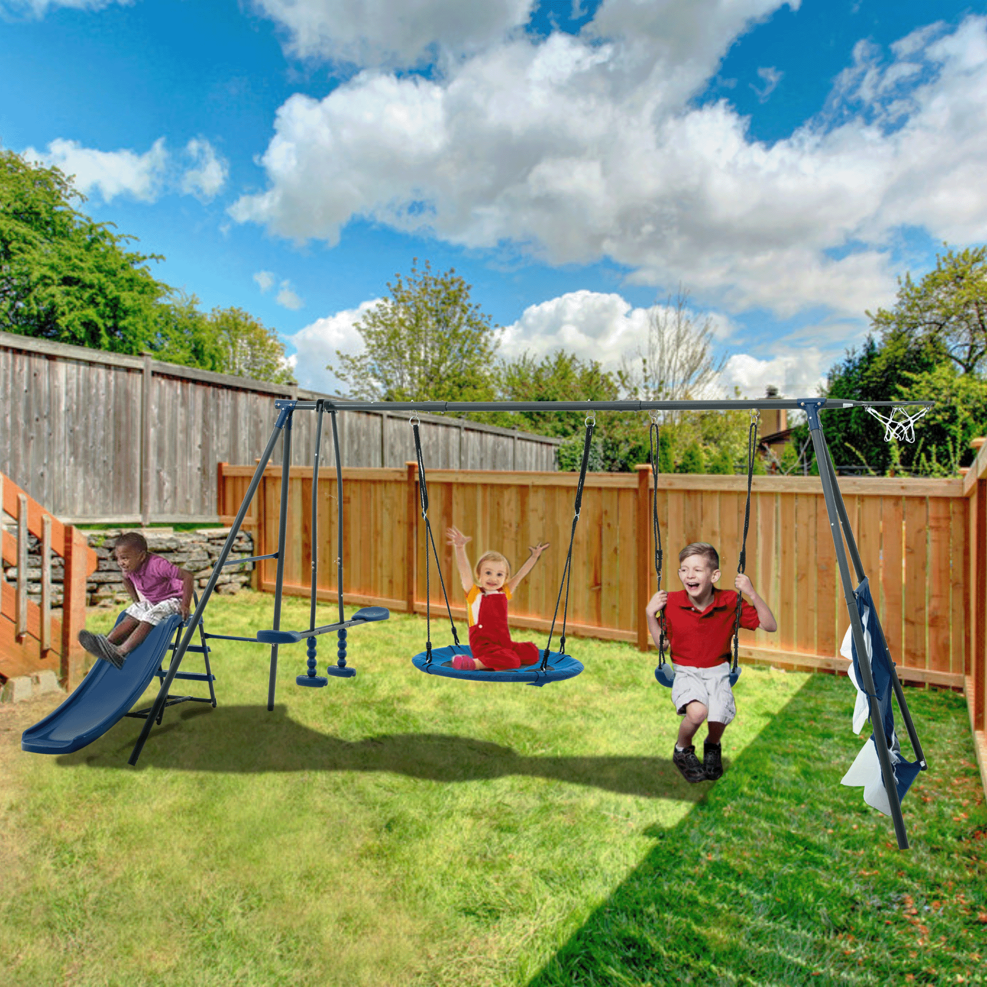 Mersco Saucer Metal Plastic Swing Set for Kids,6 in 1 Swing Sets for Outside,Heavy-Duty Playground Backyard Fun Set with Basketball Hoop,Saucer Swing,Rocking Horse,slide,soccer net &Swing for Kids
