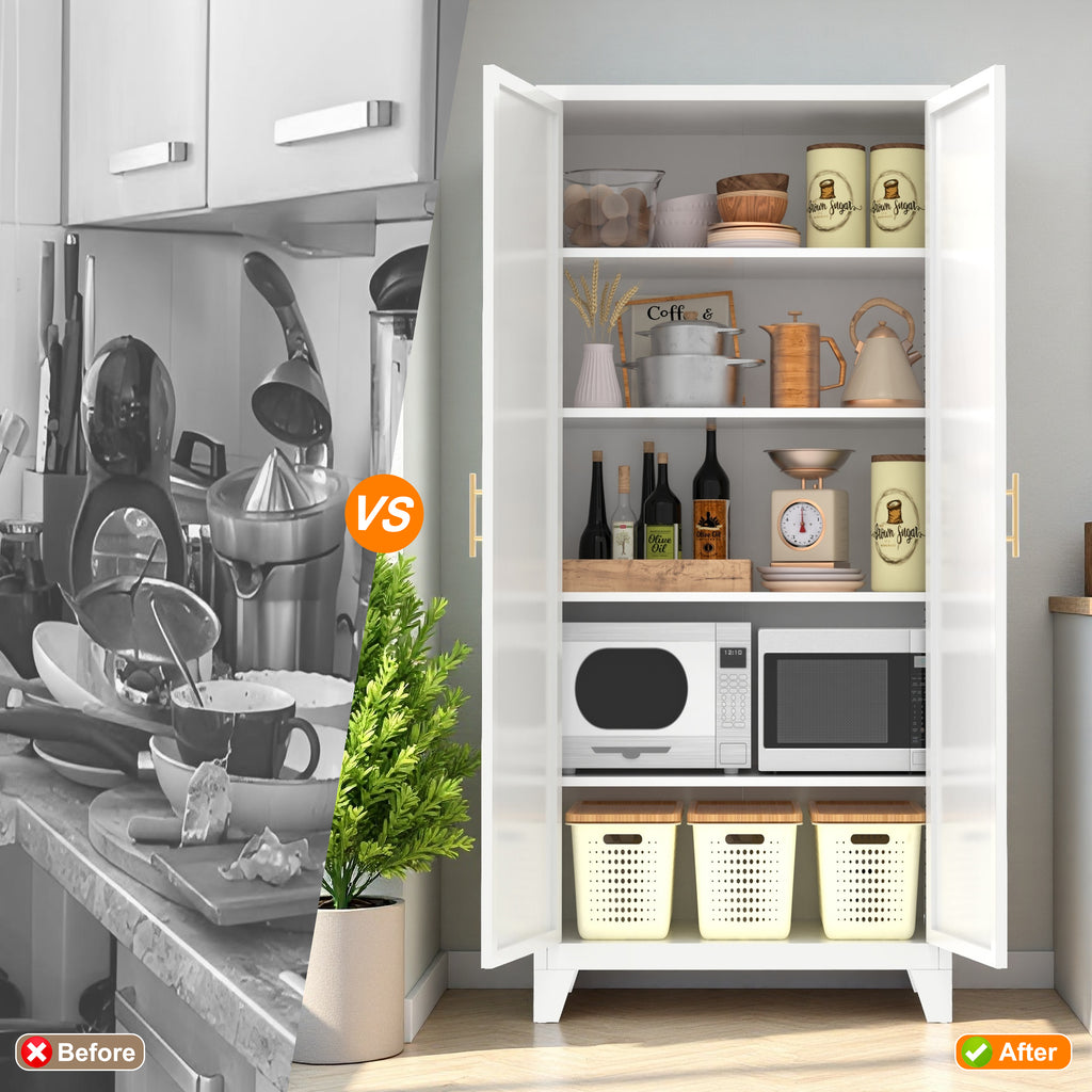 Uiowio 71" Height Metal Storage Cabinet, Modern Tall Steel Pantry Cupboard with 2 Shapely Doors and Adjustable Shelves for Kitchen Garage and Home, White