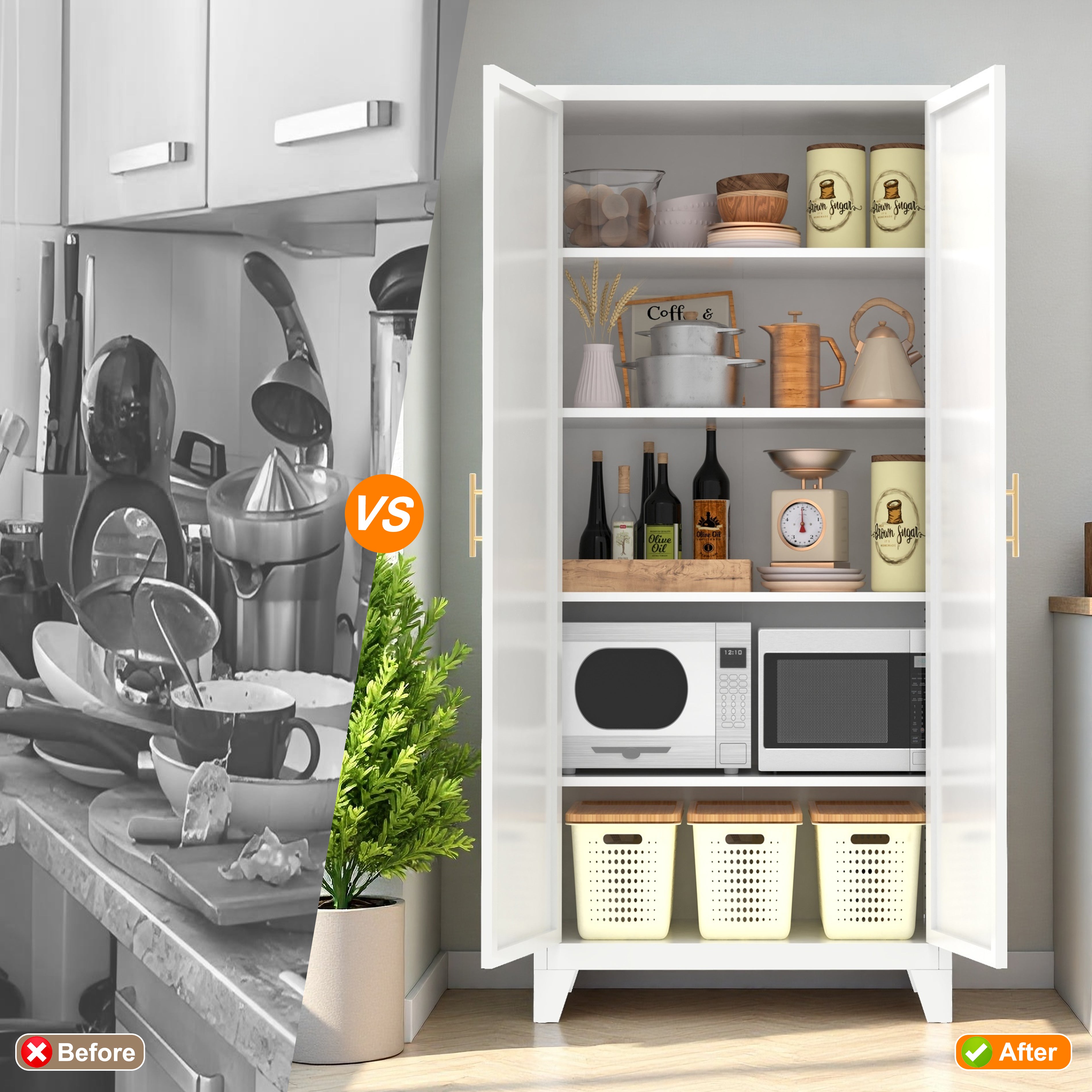Uiowio 71" Height Metal Storage Cabinet, Modern Tall Steel Pantry Cupboard with 2 Shapely Doors and Adjustable Shelves for Kitchen Garage and Home, White