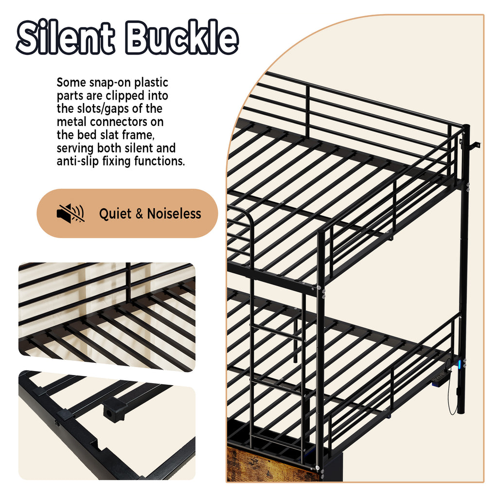 Kdymod Full over Full Metal Bunk Bed with Storage Drawers, Heavy Duty Bed Frame Converts to 2 Separate Beds with Safety Guardrail & Built-in Ladder, LED Lights & Charging Station, Black