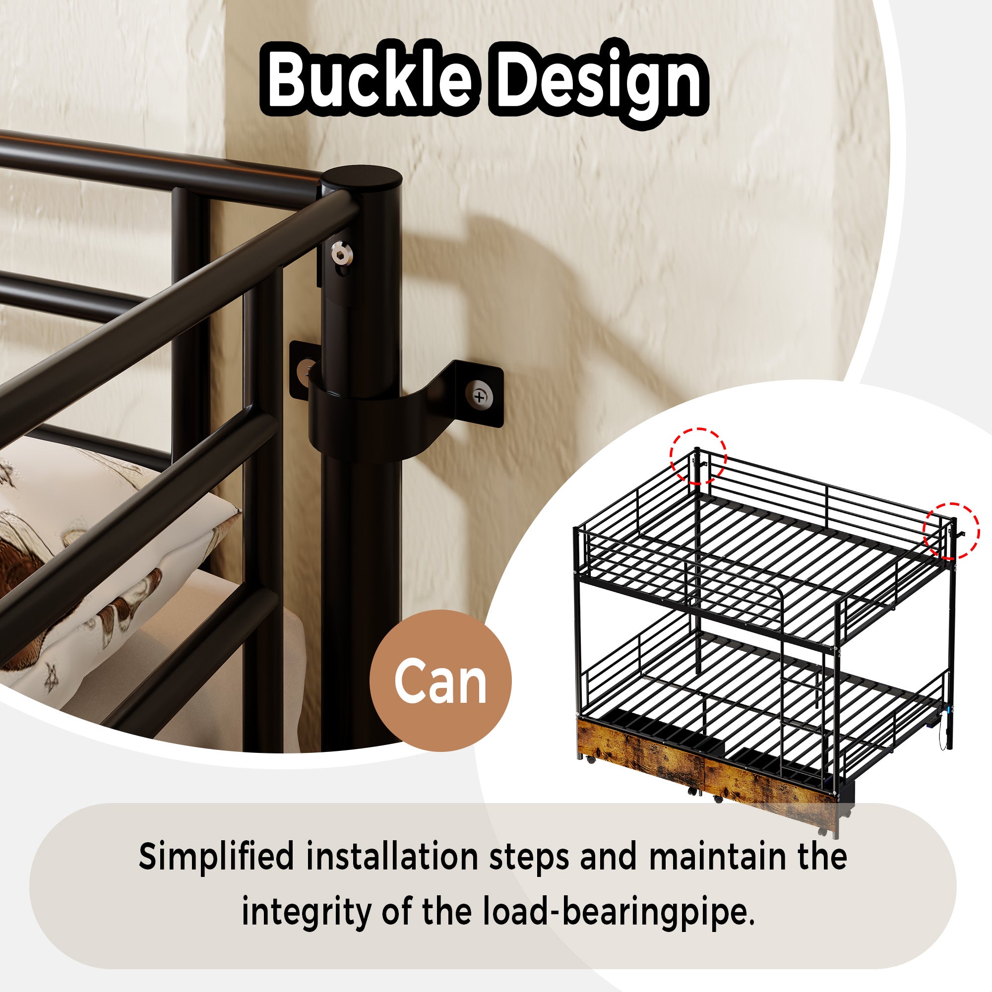 Kdymod Full over Full Metal Bunk Bed with Storage Drawers, Heavy Duty Bed Frame Converts to 2 Separate Beds with Safety Guardrail & Built-in Ladder, LED Lights & Charging Station, Black