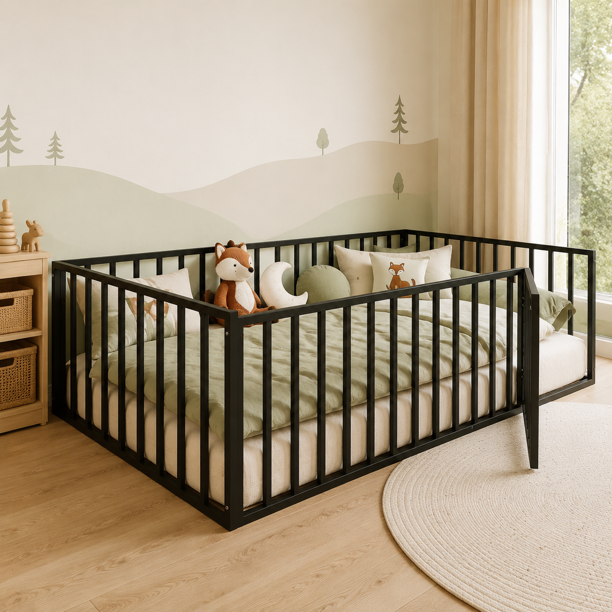 Kdymod Twin Size Montessori Floor Bed for Toddler with Safety Guardrail & Door, Low-to-Floor Metal Bed Frame, Easy Assembly, Safe Play-Sleep Zone, No Box Spring Needed, Black