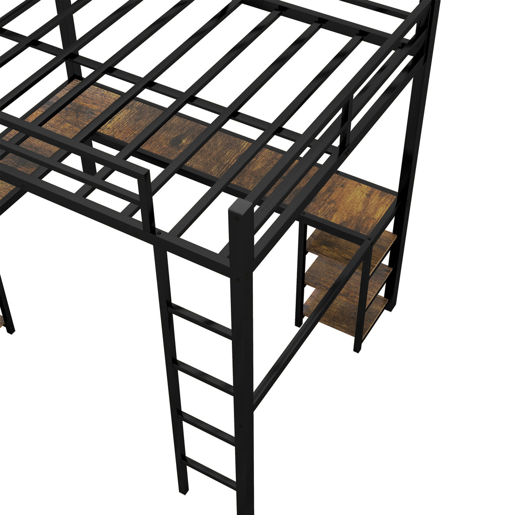 Uiowio Full XL Metal Loft Bed with L-Shaped Desk Underneath & 6 Shelves & Storage, Space-Saving Bed Frame with Built-in Ladder & Safety Guardrail, for Teens
