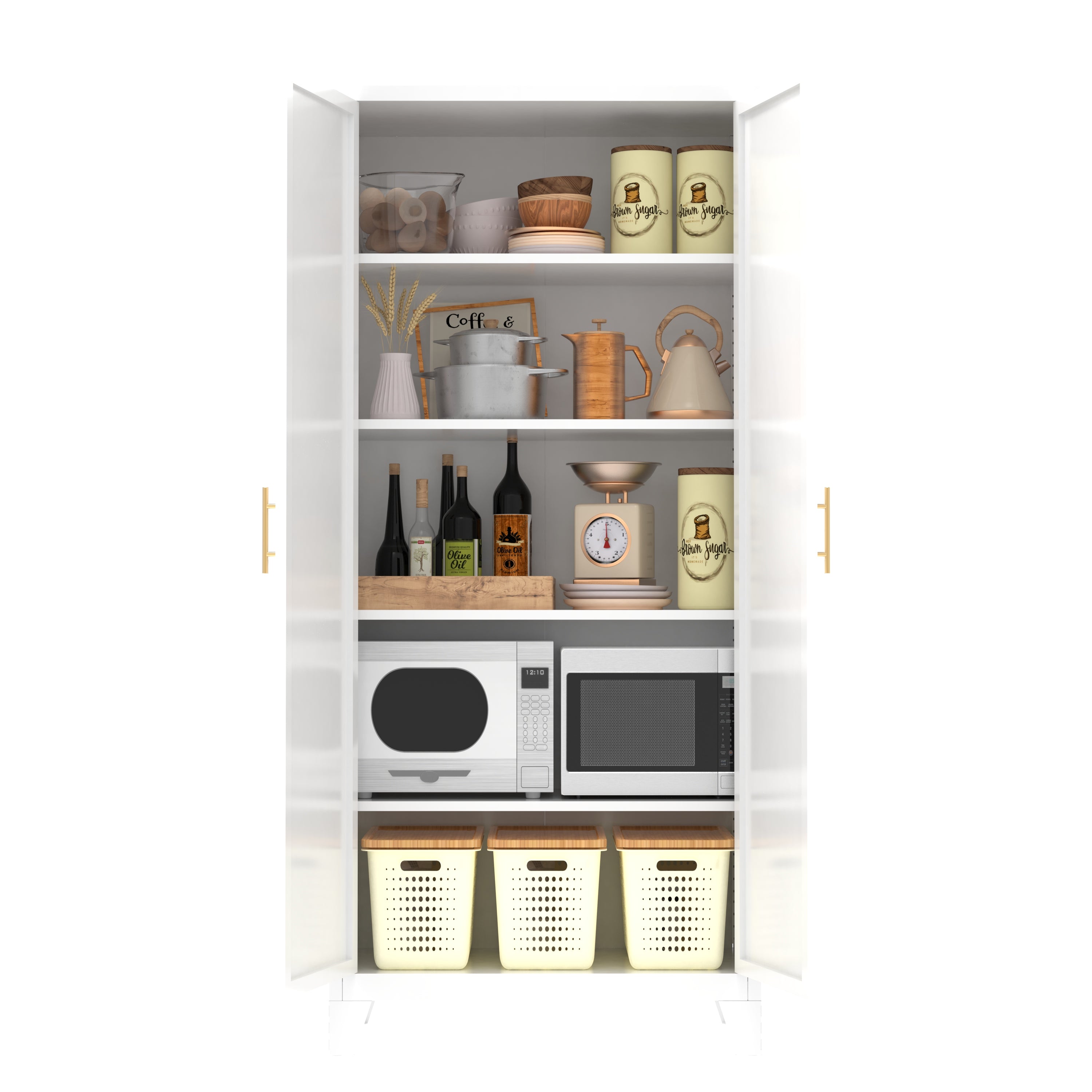 Uiowio 71" Height Metal Storage Cabinet, Modern Tall Steel Pantry Cupboard with 2 Shapely Doors and Adjustable Shelves for Kitchen Garage and Home, White
