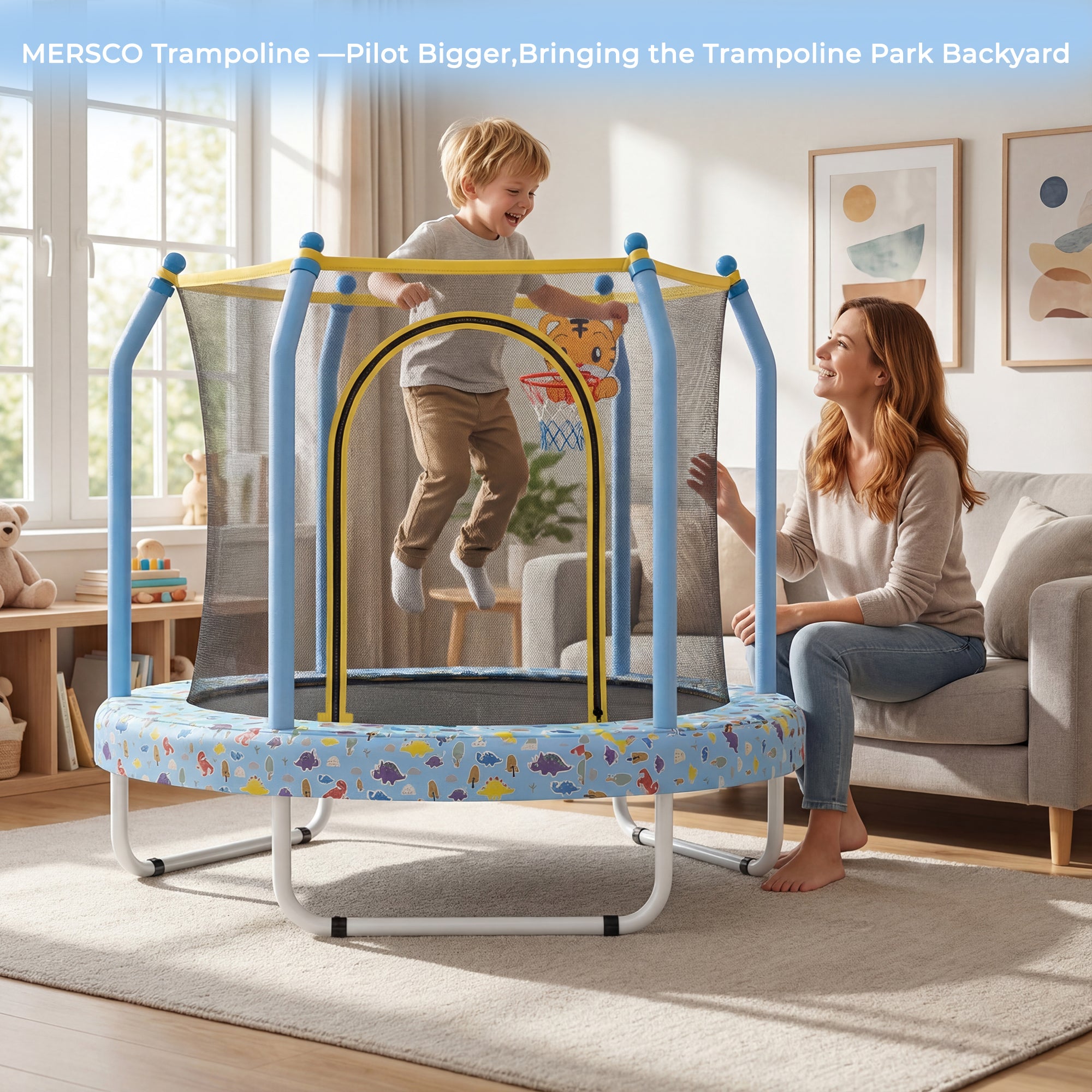 Mersco 55 inch Toddler Trampoline for Kids, Mini Trampoline with Enclosure Net and Ball ,Indoor Outdoor Small Kids Trampoline Birthday Gifts for Boys and Girls, Print