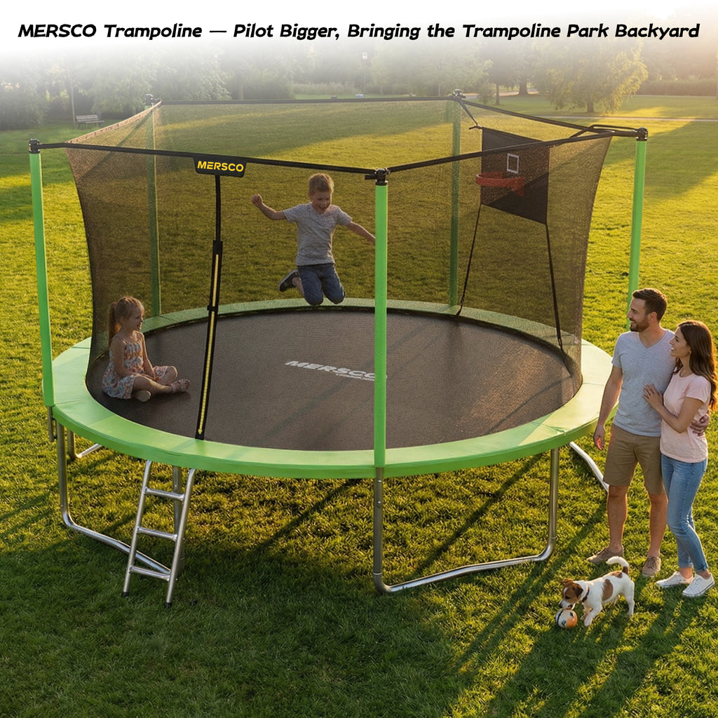 Mersco 14ft Trampoline for Kids and Adults, Outdoor Trampolines with Basketball Hoop and Enclosure Net, Heavy Duty Jumping Trampoline PLAY for Indoor Outdoor Boys and Girls Birthday Gift, Green