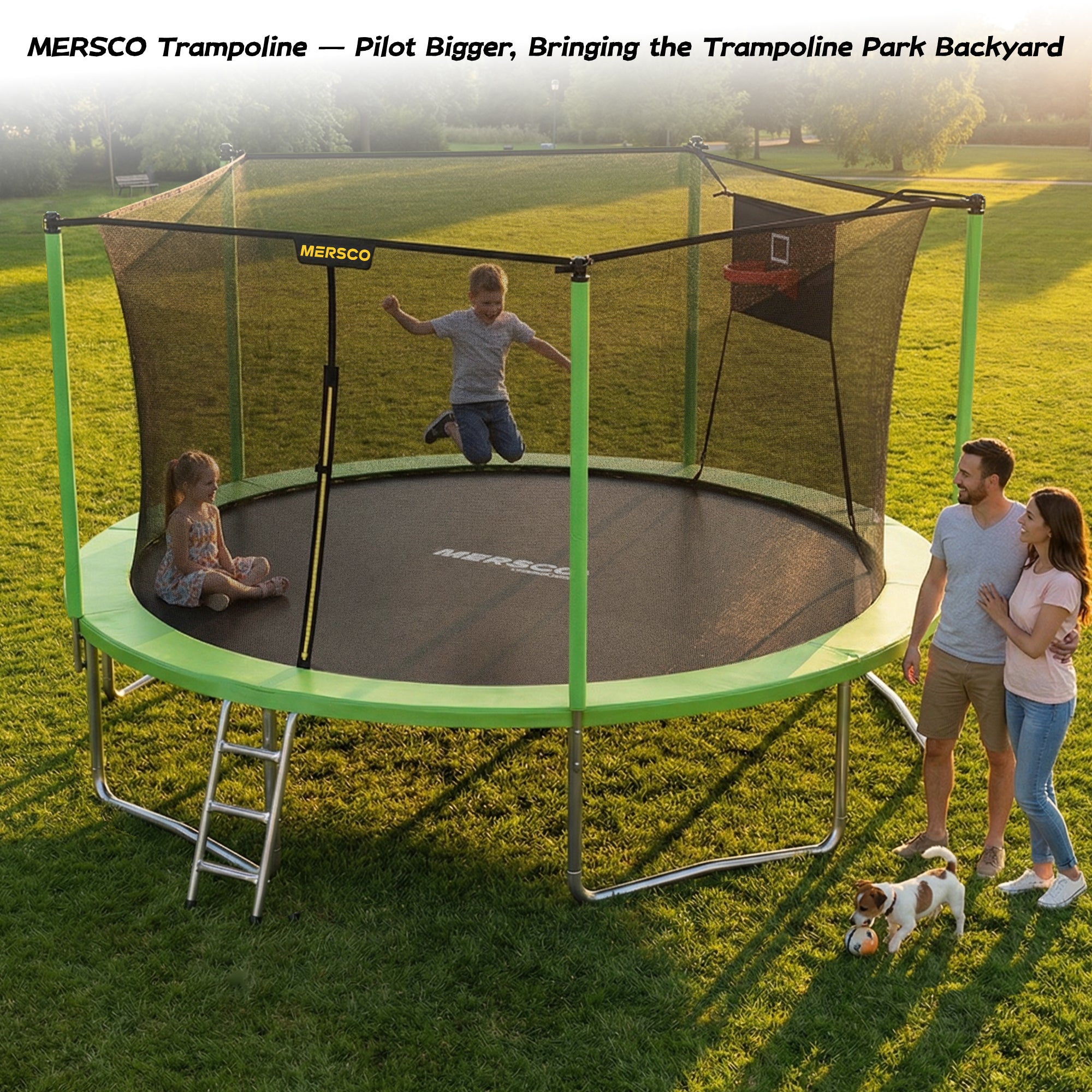 Mersco 14ft Trampoline for Kids and Adults, Outdoor Trampolines with Basketball Hoop and Enclosure Net, Heavy Duty Jumping Trampoline PLAY for Indoor Outdoor Boys and Girls Birthday Gift, Green