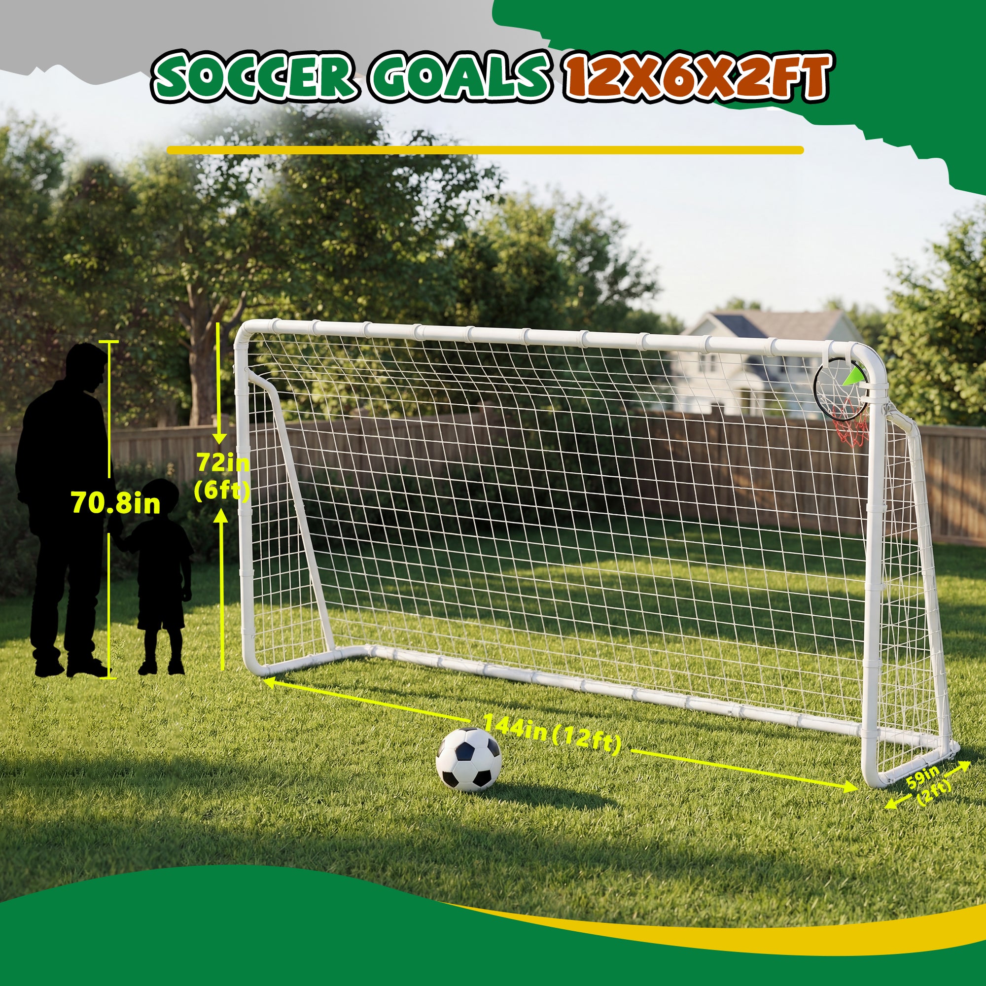 Mersco 12 x 6FT Portable Soccer Goals,Backyard Kids Soccer Net with High-Strength Nets,Soccer Durable Post for Adults Outdoor's Practice Training,Toddler Soccer Toddler Goal for Sports Games,White