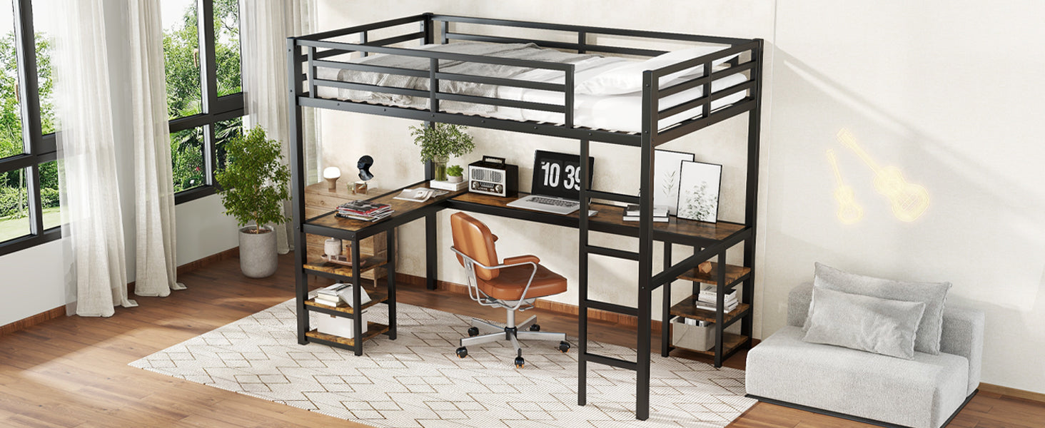 Uiowio Twin XL Metal Loft Bed with L-Shaped Desk Underneath & 6 Shelves & Storage, Space-Saving Bed Frame with Built-in Ladder & Safety Guardrail, for Teens