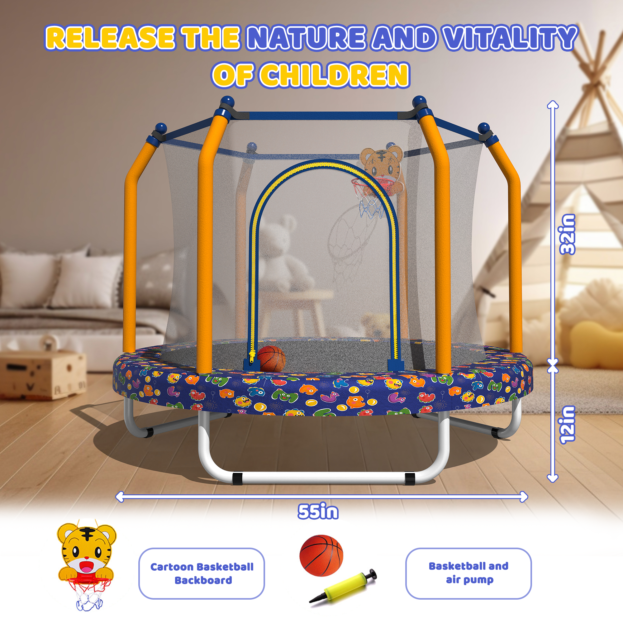 Mersco 55 inch Toddler Trampoline,Mini Trampoline for Kids with Enclosure and Basketball Hoop,Indoor and Outdoor Small Trampoline with Boxing Bag,Adjustable Gym Bar,Gifts for Boys & Girls,Orange