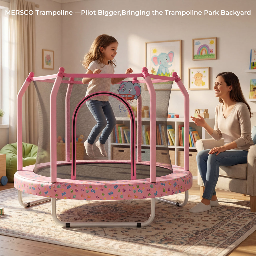 Mersco 55inch Toddler Trampoline, Mini Trampoline for Kids with Enclosure and Basketball Hoop,Indoor Outdoor Kids Trampoline Birthday Gifts, Pink