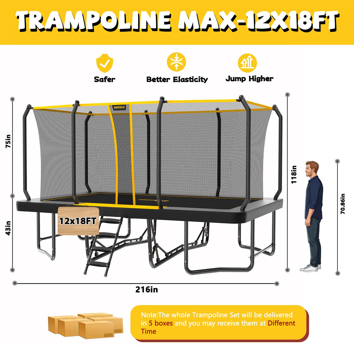 Mersco 12x18FT Kids Adults Trampoline, ASTM Certified Heavy Duty Outdoor Trampoline with Safety Enclosure Net and Upgraded Ladder for Backyard Family Fun, Fitness Trampoline MAX