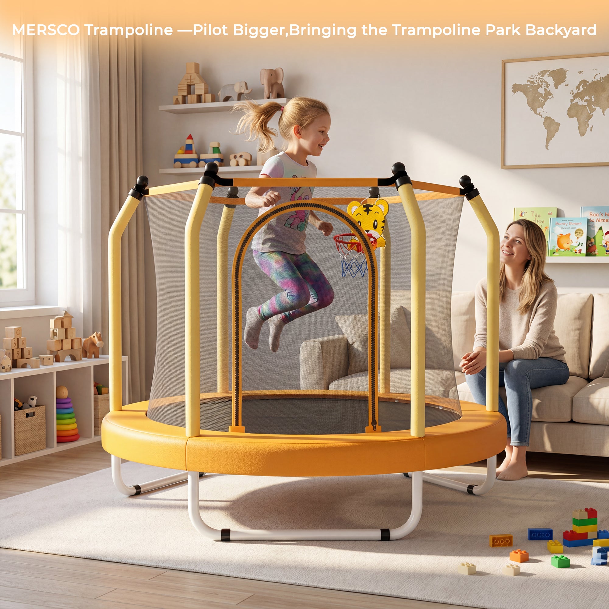 Mersco 55inch Kids Trampoline for Toddlers,Indoor and Outdor Trampoline with Safety Net, Mini Small Children Trampolines with Basketball Hoop,Toddler Trampoline Birthday Gifts for Boys Girls, Orange
