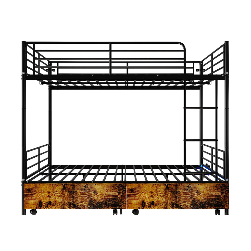 Kdymod Full over Full Metal Bunk Bed with Storage Drawers, Heavy Duty Bed Frame Converts to 2 Separate Beds with Safety Guardrail & Built-in Ladder, LED Lights & Charging Station, Black