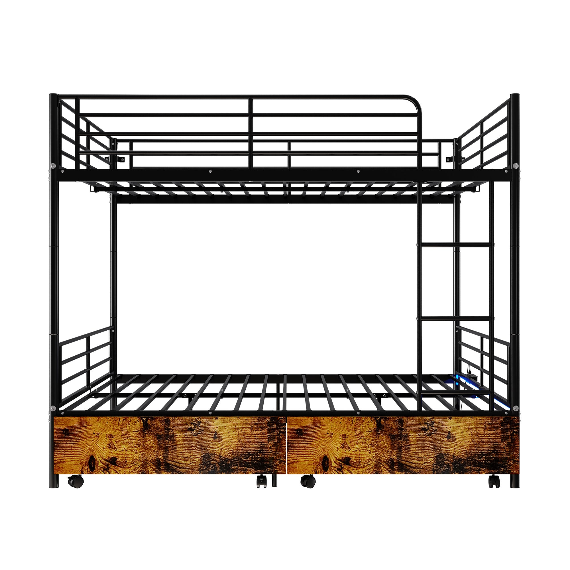Kdymod Full over Full Metal Bunk Bed with Storage Drawers, Heavy Duty Bed Frame Converts to 2 Separate Beds with Safety Guardrail & Built-in Ladder, LED Lights & Charging Station, Black