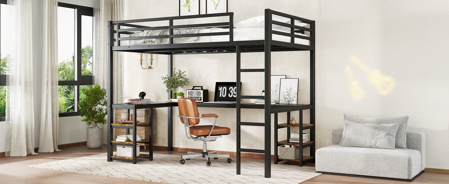 Uiowio Twin XL Metal Loft Bed with L-Shaped Desk Underneath & 6 Shelves & Storage, Space-Saving Bed Frame with Built-in Ladder & Safety Guardrail, for Teens