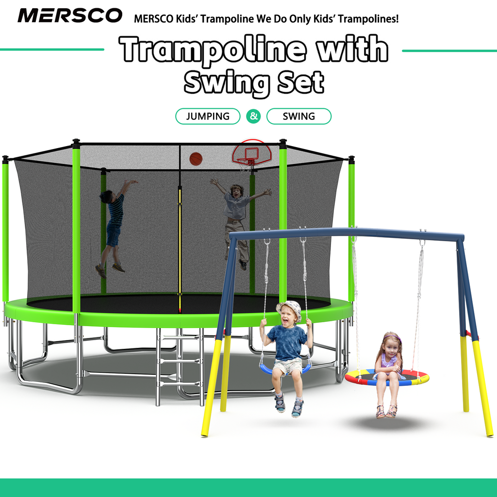 Mersco 15FT Heavy Duty Trampoline with Enclosure Net , Swing Set Outdoor Big Trampoline for Backyard,Kids Trampoline with Basketball Hoop,Birthday and Holiday Gifts for Kids,Green