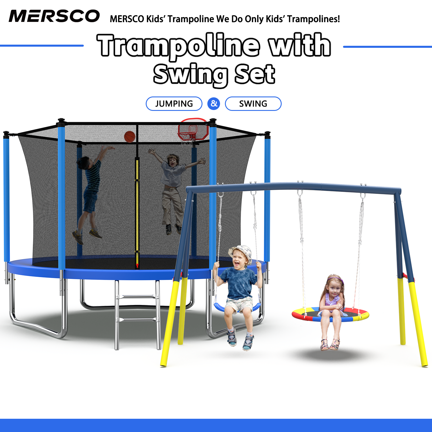 Mersco 10FT Heavy Duty Trampoline with Enclosure Net , Swing Set Outdoor Big Trampoline for Backyard,Kids Trampoline with Basketball Hoop,Birthday and Holiday Gifts for Kids,Blue