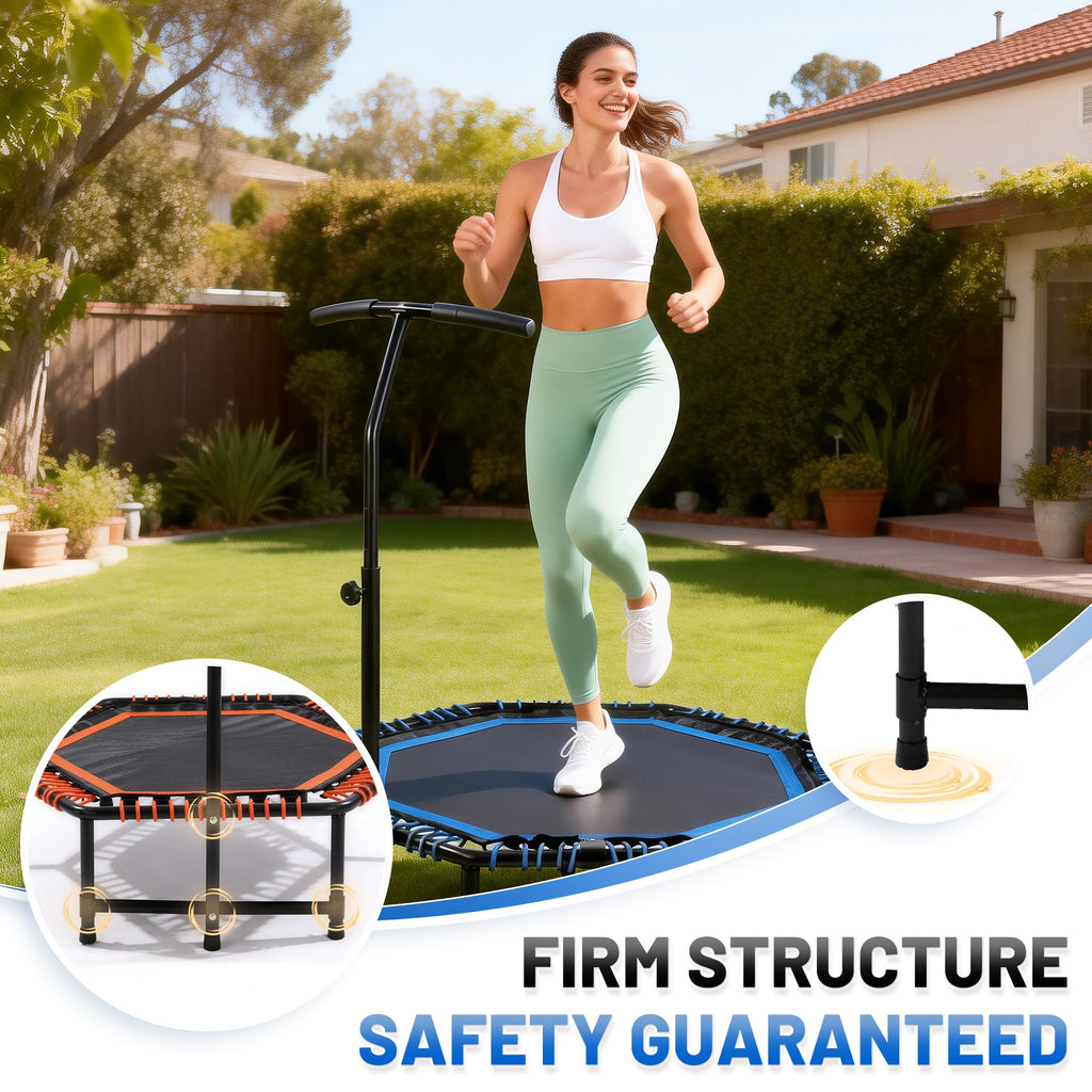 Mersco 48'' Foldable Fitness Trampoline With Adjustable Handlebar for Adults, 450LBS Indoor Sports Trampoline With Durable Bungee Ropes,Quiet Exercise Rebounder for Cardio and Strength Training ,Blue