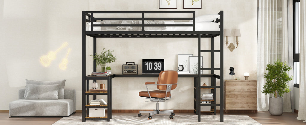 Uiowio Twin XL Metal Loft Bed with L-Shaped Desk Underneath & 6 Shelves & Storage, Space-Saving Bed Frame with Built-in Ladder & Safety Guardrail, for Teens