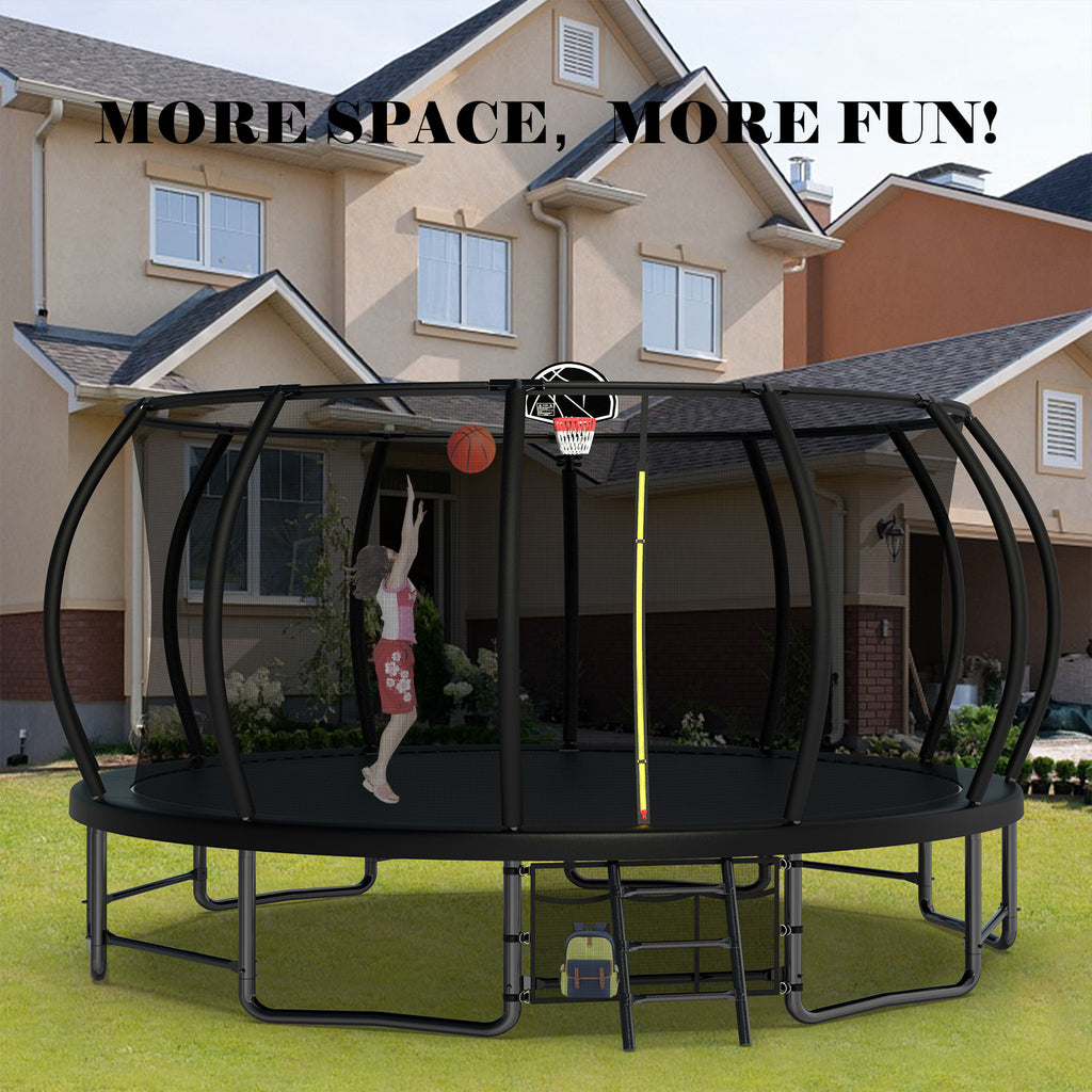 Mersco 16ft Trampoline for Kids Adults, Outdoor Pumpkin Trampoline with Enclosure Net, Basketball Hoop and Storage Bag,Black