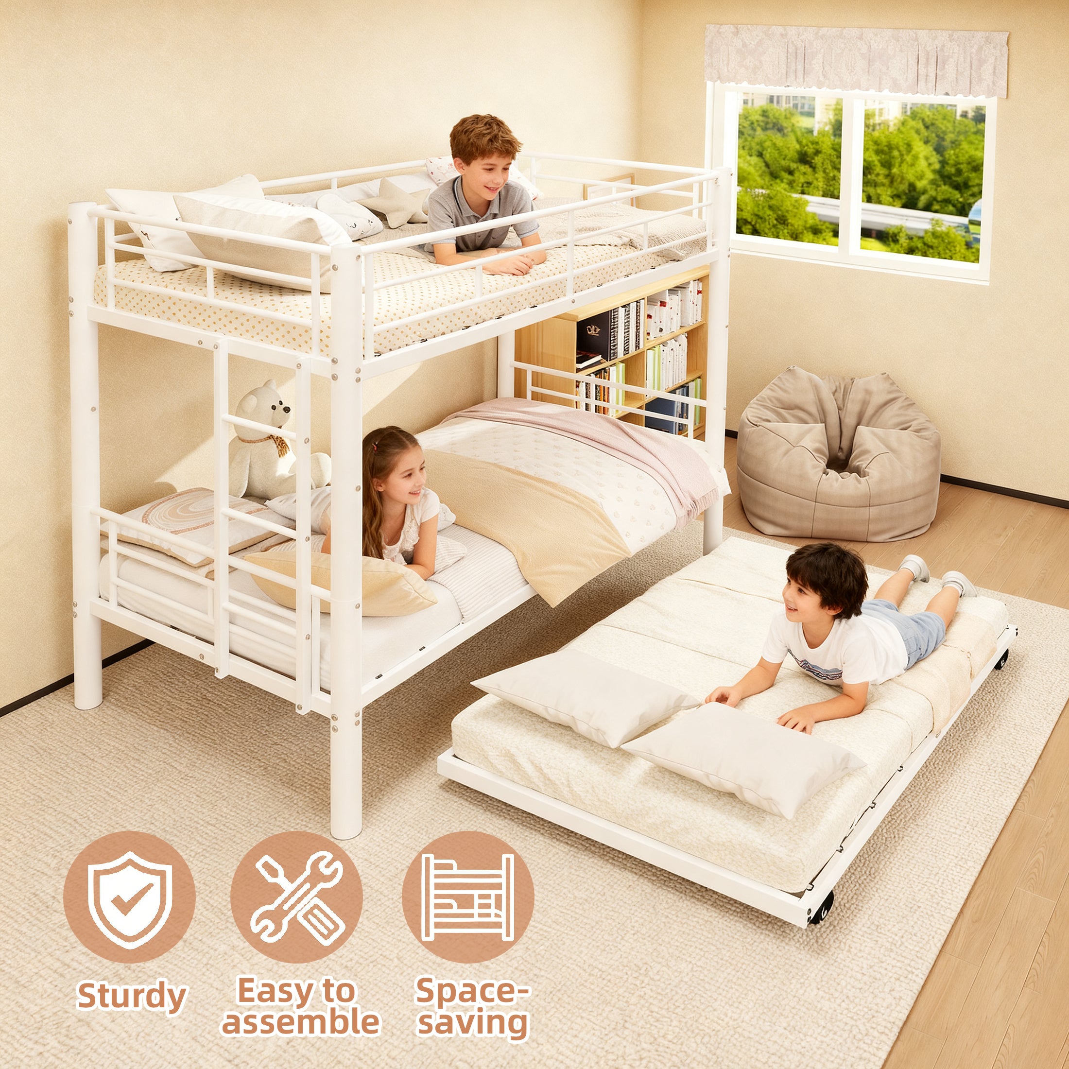 Kdymod Triple Bunk Bed Twin over Twin with Trundle, Includes 3 Twin Size 6" Green Tea Memory Foam Mattresses, Convertible Metal Frame with Ladder and Guardrail, for Teens and Adults, White